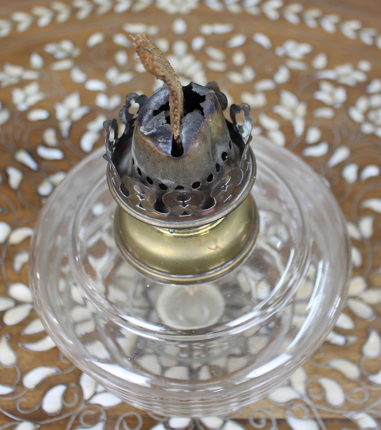 Antique Ribbed Glass and Brass Oil Lamp Font, c.1900 - 5