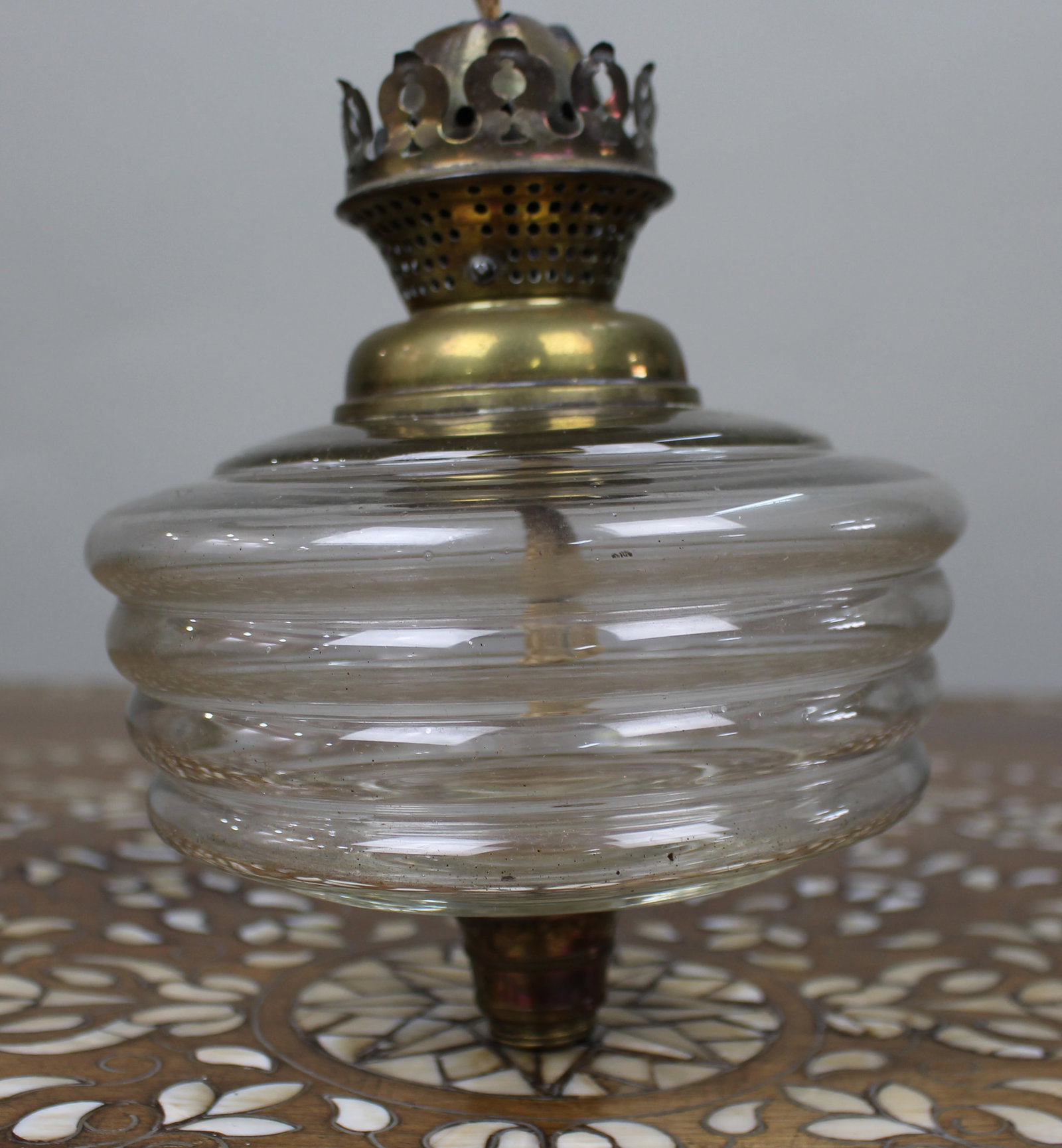 Antique Ribbed Glass and Brass Oil Lamp Font, c.1900 - 8