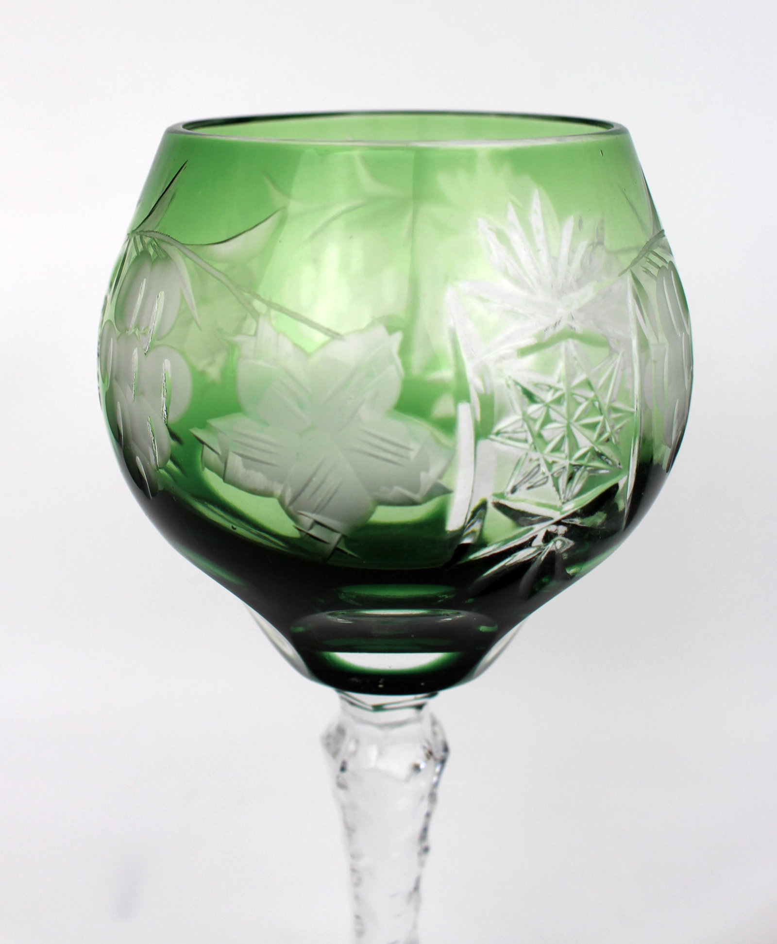 Set of 4 Vintage Green Overlay Crystal Wine Glasses - 4