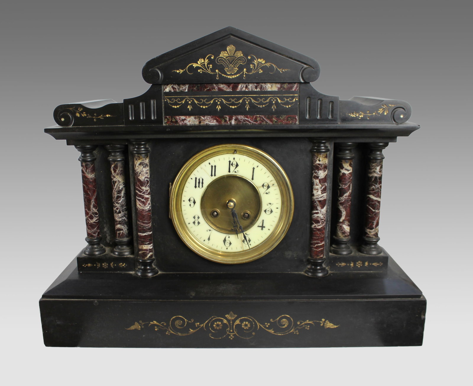 Victorian Black Marble Mantel Clock with Rouge Marble Columns c.1860 (1 of 8)
