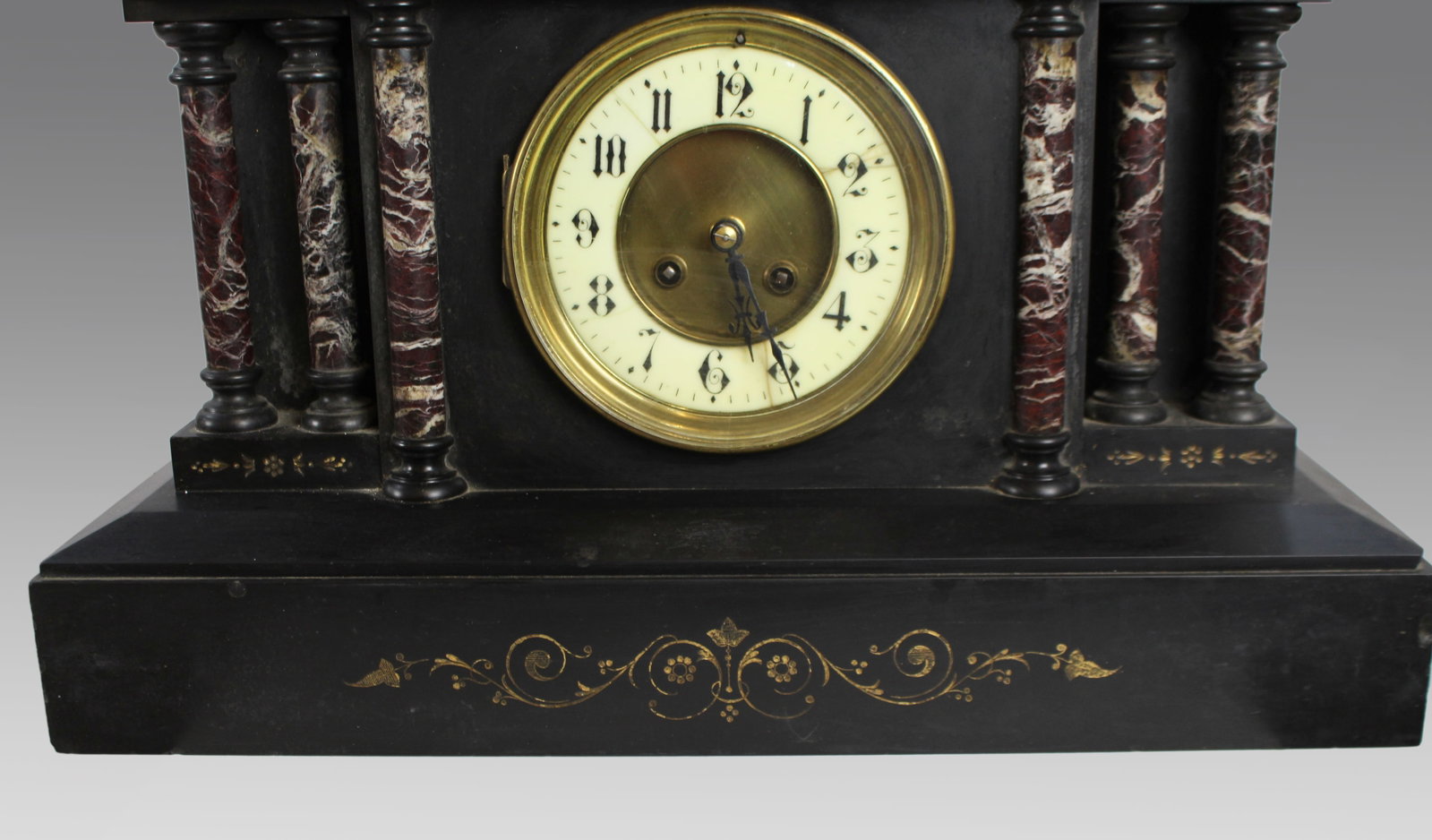Victorian Black Marble Mantel Clock with Rouge Marble Columns c.1860 - 2