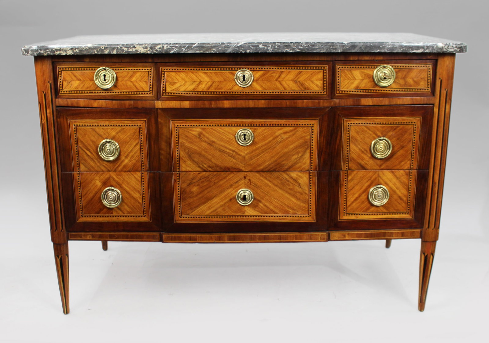 Louis XVI Marble-Topped Commode, French Oak & Satinwood, c. 1770: Title: Louis XVI Marble-Topped Commode, French Oak & Satinwood, c. 1770 Description: Louis XVI Marble Topped Parquetry Commode France, late 18th century A late 18th century Louis XVI commode of