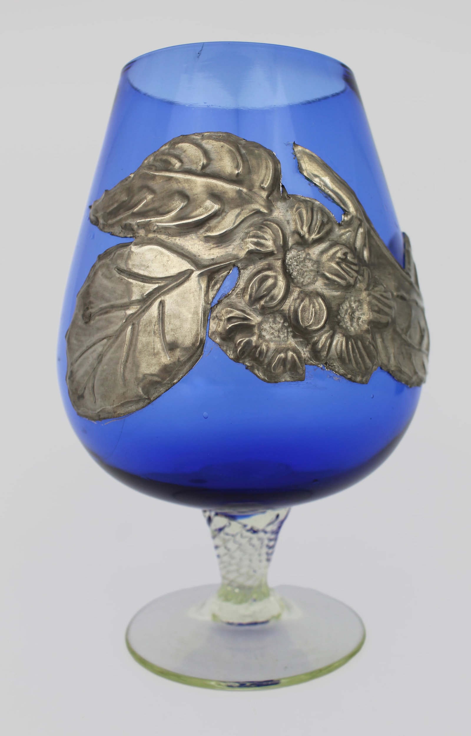 Antique Blue Glass Goblet with Pewter Mounts, Art Nouveau, c.1900 (1 of 4)