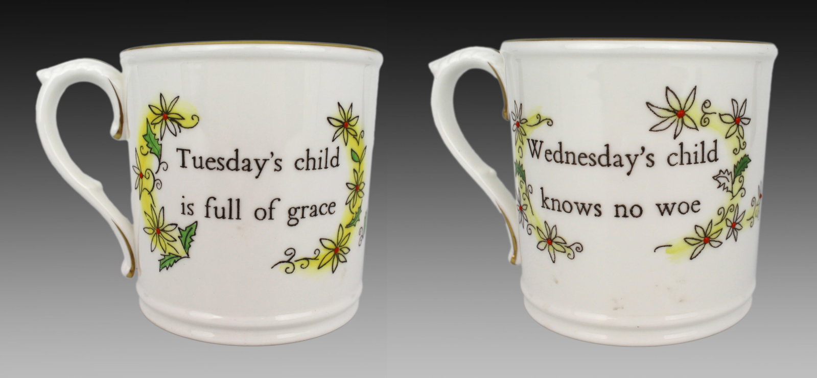 Pair of Royal Worcester “Days of the Week” Tankards: Title: Pair of Royal Worcester “Days of the Week” Tankards Description: Pair of Royal Worcester “Days of the Week” Bone China Nursery Tankards Tuesday’s Child &
