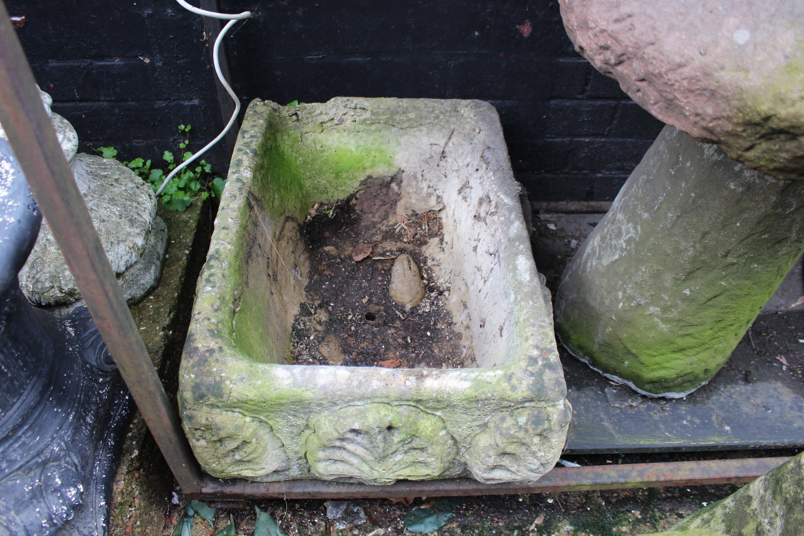 Early Vintage Concrete Stone Planter with Shell Decoration - 3