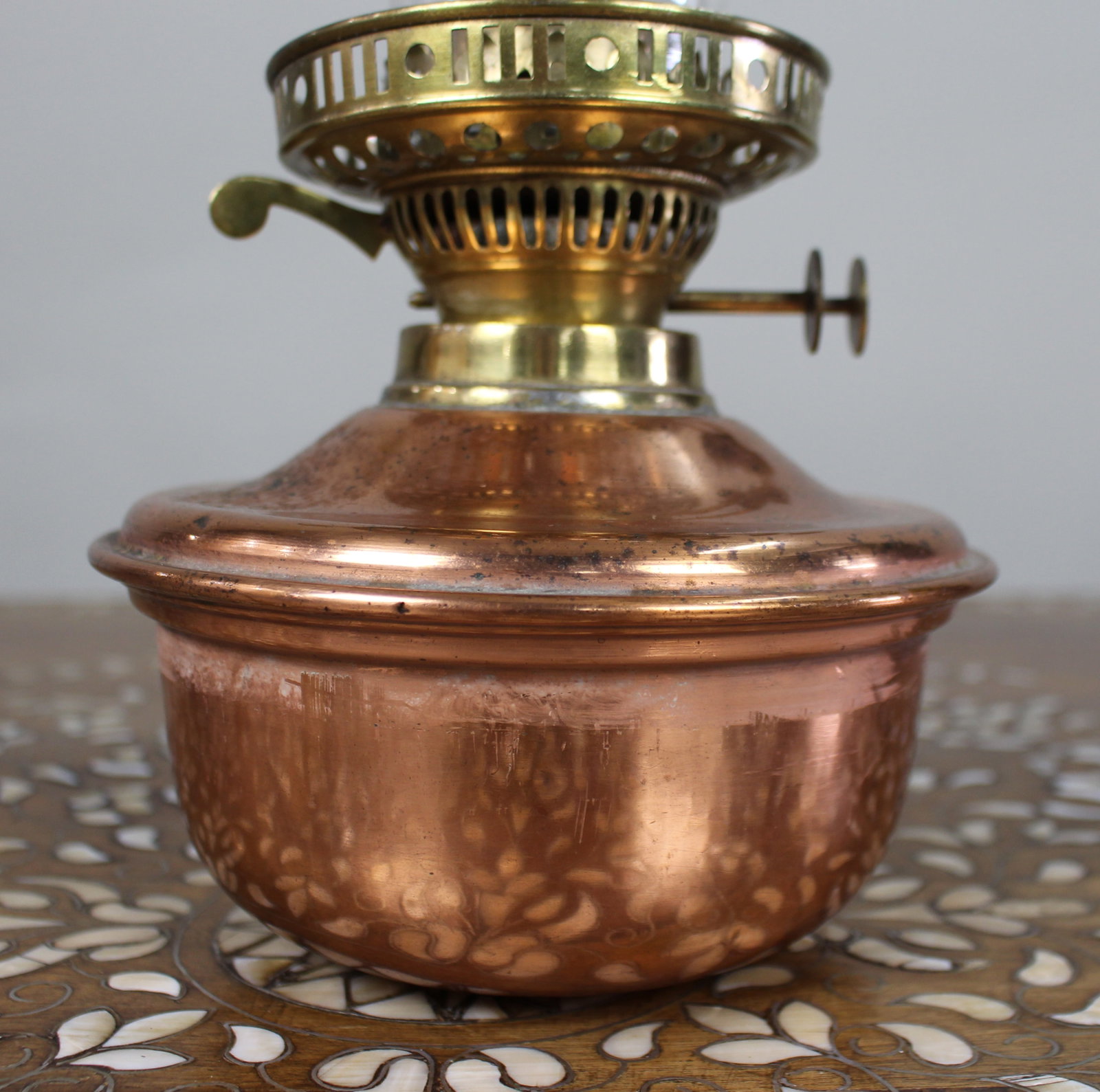 Antique English Copper & Brass Oil Lamp – Duplex Burner - 4