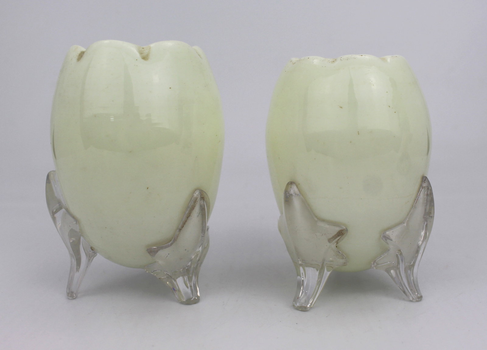 Pair of Vintage Opaline Glass Vases with Clear Glass Feet Mid-20th century, possibly French (1 of 3)