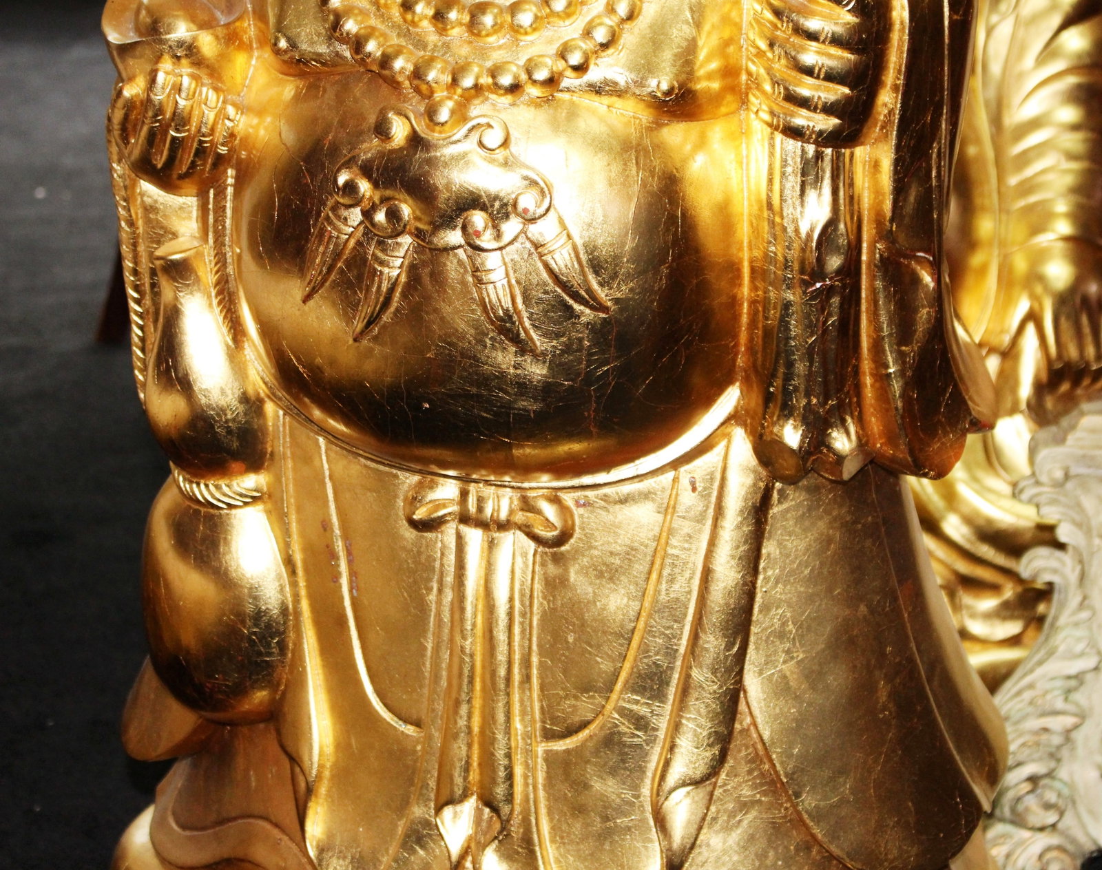 Large Gilded Carved Wood Laughing Buddha Sculpture on Lotus Base - 4