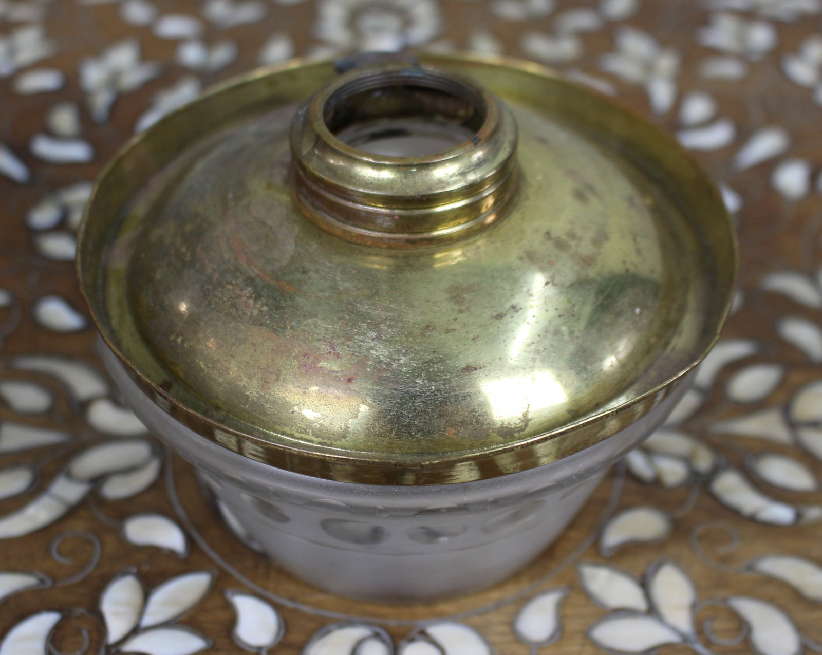 Victorian Frosted Glass and Brass Oil Lamp Font c.1900 - 4
