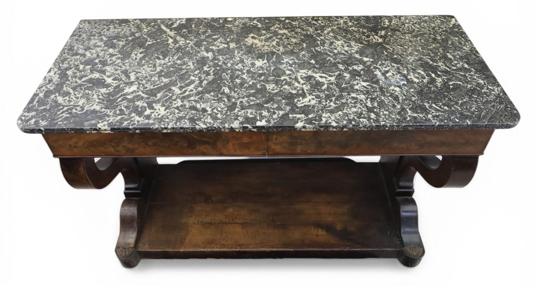 Fine Napoleon I Period French Mahogany Console Table with Variegated Marble Top - 5