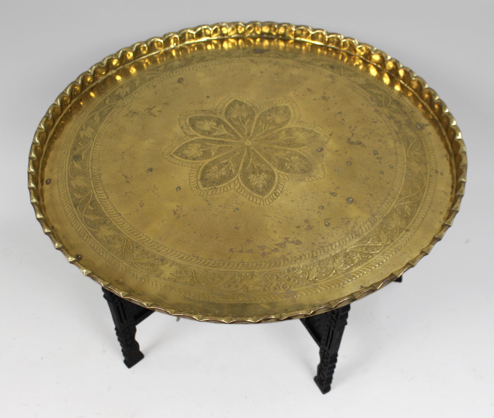 Large Middle Eastern Brass Tray Table on Carved Hardwood Folding Stand (1 of 7)