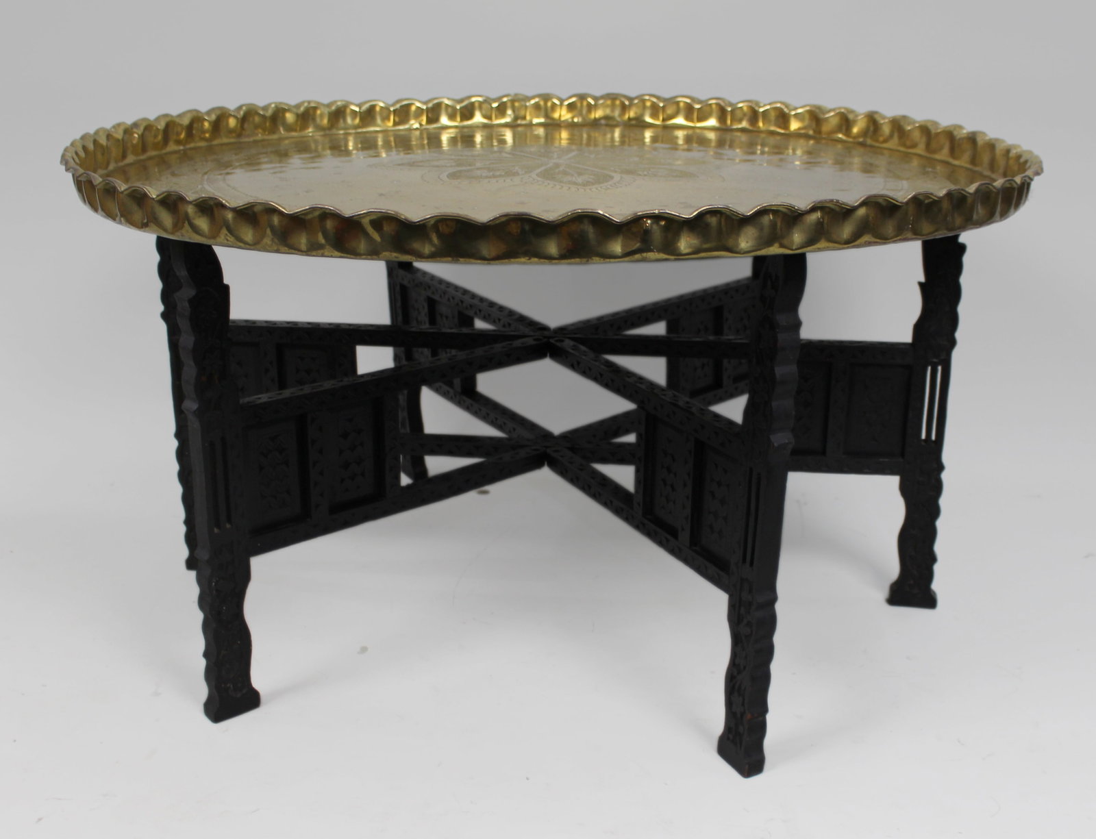 Large Middle Eastern Brass Tray Table on Carved Hardwood Folding Stand - 3