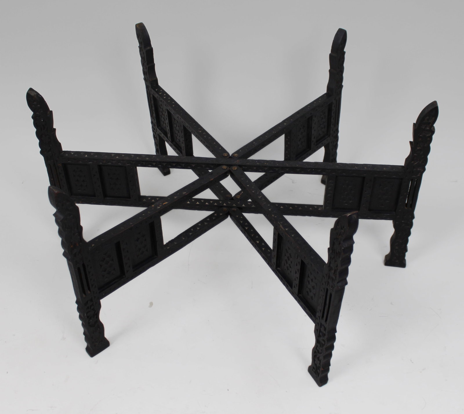 Large Middle Eastern Brass Tray Table on Carved Hardwood Folding Stand - 5