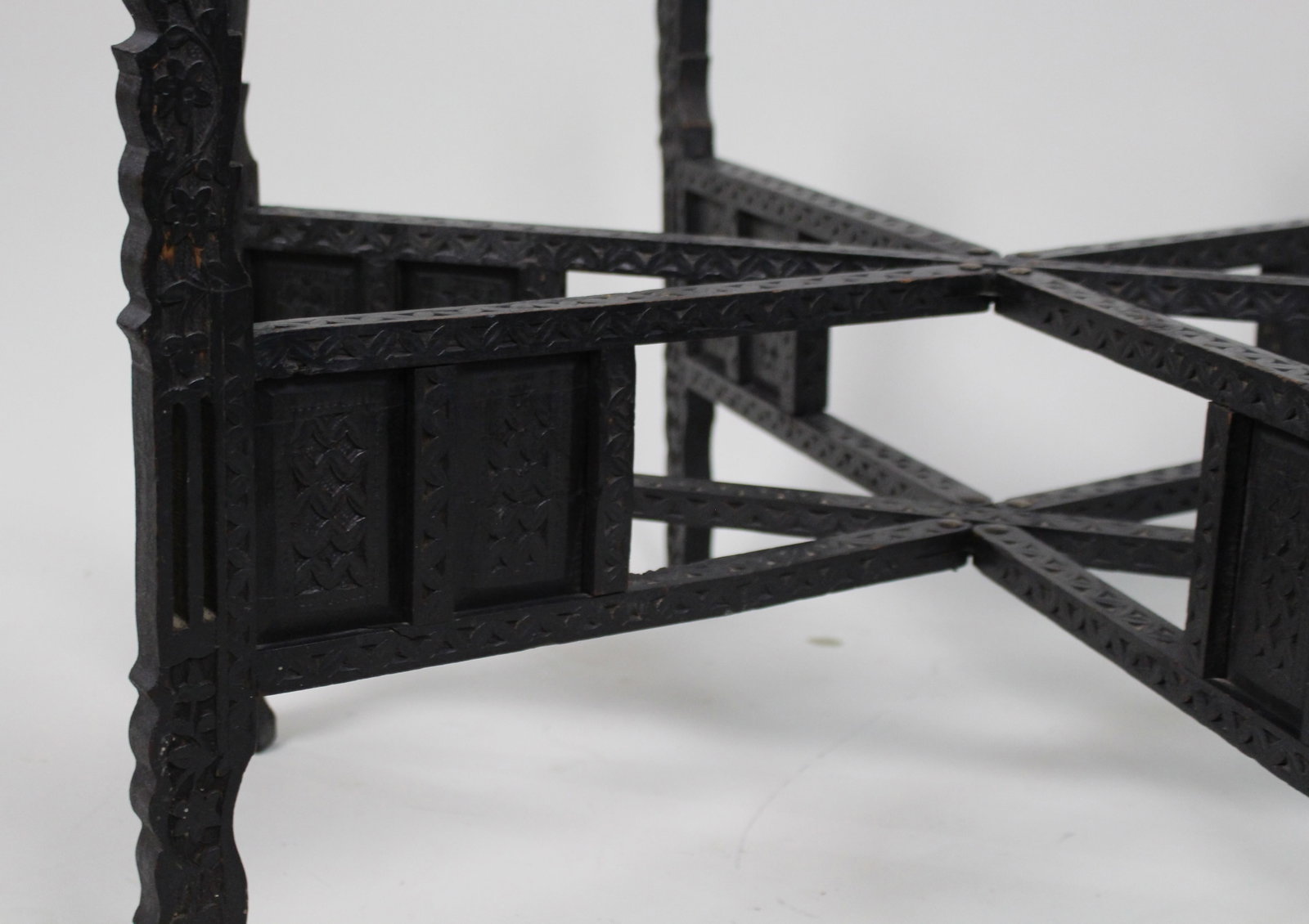 Large Middle Eastern Brass Tray Table on Carved Hardwood Folding Stand - 6