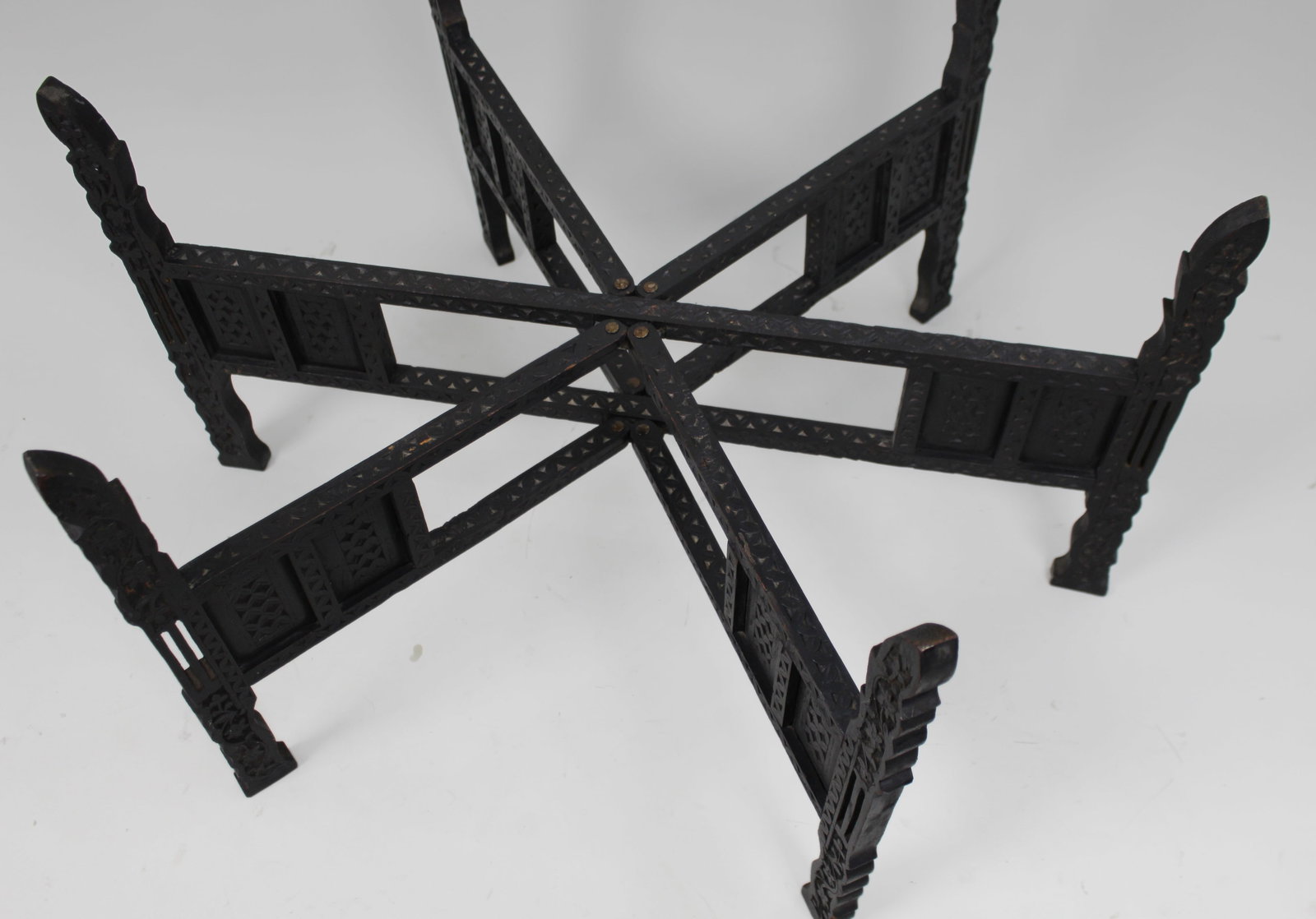 Large Middle Eastern Brass Tray Table on Carved Hardwood Folding Stand - 7