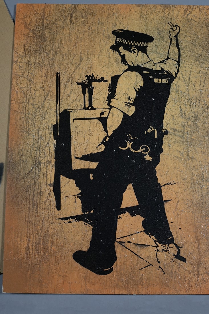 Rourke Van Dal(b1964) ‘Pissing Copper’, Spray Paint Stencil, Board, Signed, 1 Off Editio: Title: Rourke Van Dal(b1964) ‘Pissing Copper’, Spray Paint Stencil, Board, Signed, 1 Off Edition, 2008 Description: Rourke Van Dal, (b1964) ‘Pissing Copper’, spray paint