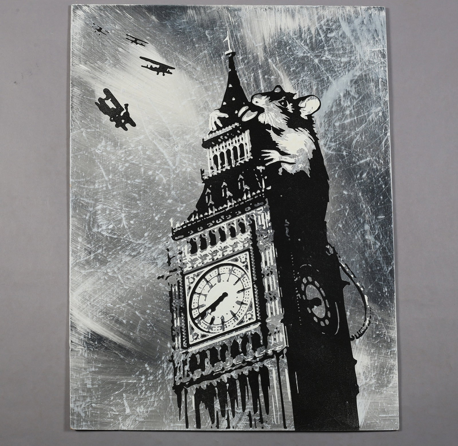 Rourke Van Dal (b1964) 'Rat On Big Ben', Spray Paint and Acrylic On Board, Signed, Editioned, 200...: Title: Rourke Van Dal (b1964) 'Rat On Big Ben', Spray Paint and Acrylic On Board, Signed, Editioned, 2009 Description: Rourke Van Dal (b1964) 'Rat on Big Ben', spray paint and acrylic on board,