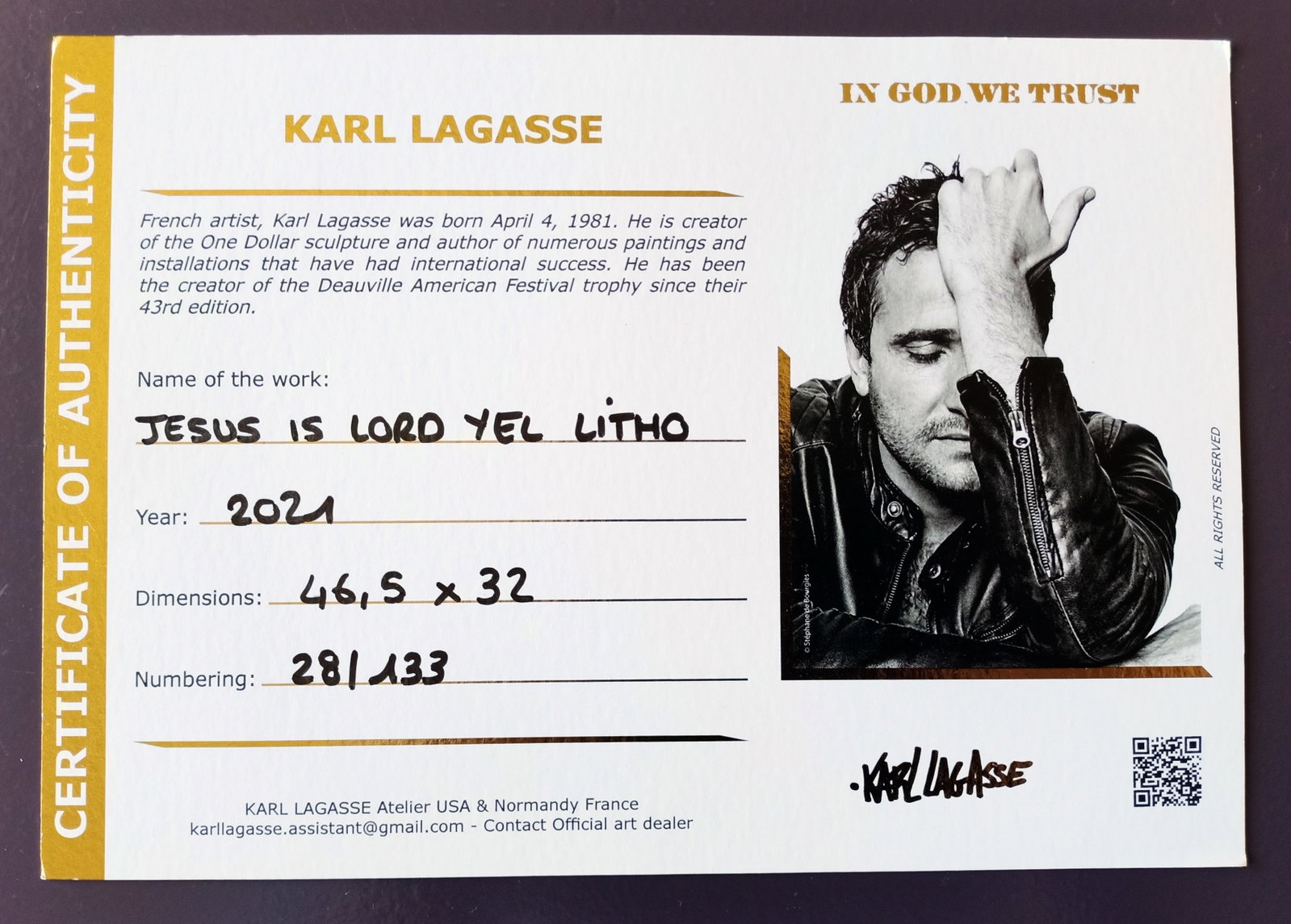 Karl Lagasse "Jesus Is Lord" LE 28/133 Signed w/COA (#0423) - 2