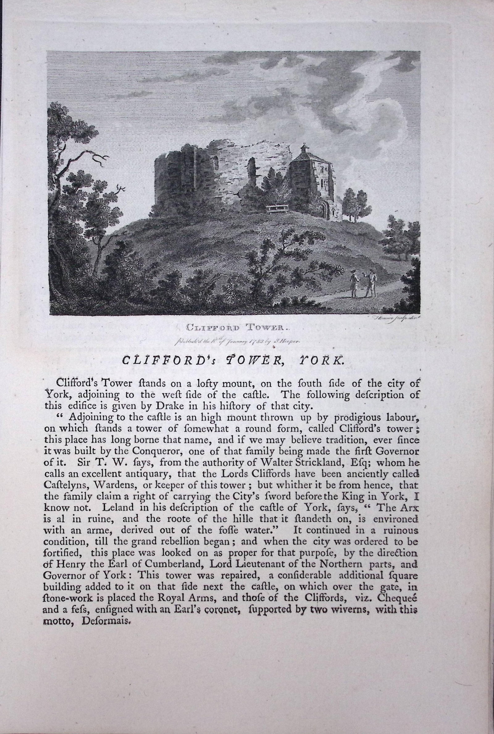 Yorkshire Clifford Tower York F. Grose Antique Copper Engraving-23-TR: Title: Yorkshire Clifford Tower York F. Grose Antique Copper Engraving-23-TR Description: This Antique Book Plate Was Removed from Francis Grose's Antiquities of England &Wales Published 