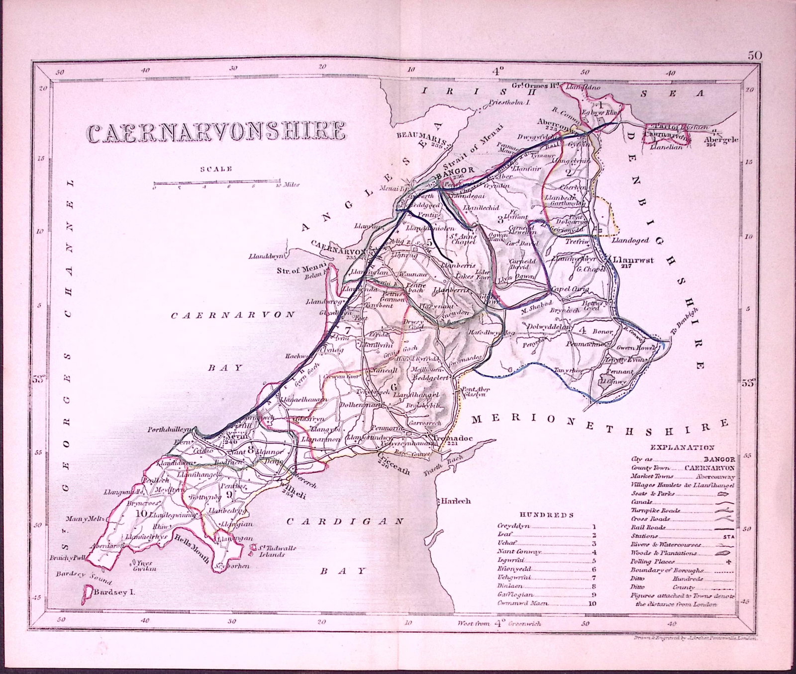 Caernarvonshire Wales-Dugdale & Archer Antique 180 Years-Old Steel Engraved Map-52 (1 of 1)