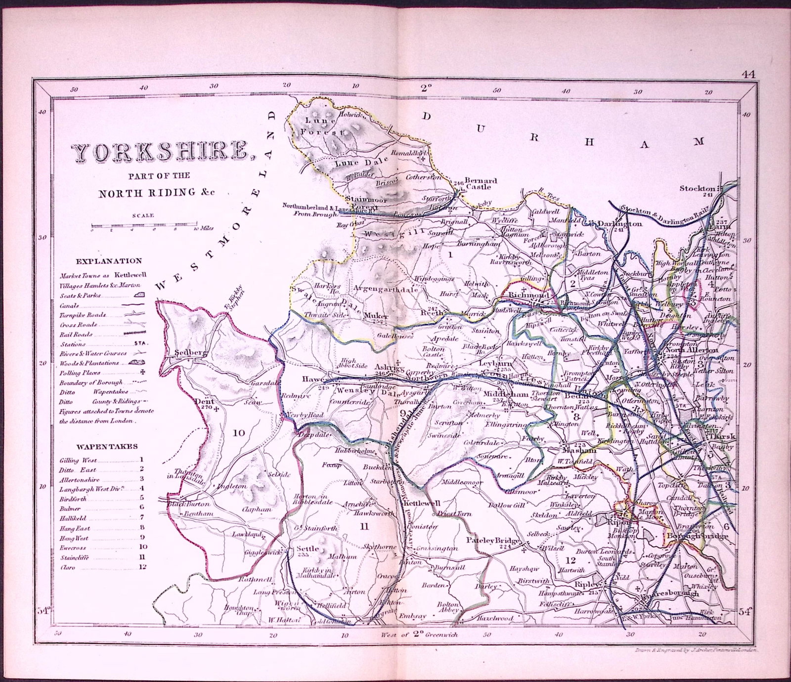 Yorkshire North Riding-Antique 180 Years-Old Steel Engraved Map-41: Title: Yorkshire North Riding-Antique 180 Years-Old Steel Engraved Map-41 Description: This Antique Coloured Engraved Map Has Been Removed from an Antique Edition of. Thomas Dugdale Curiosities of