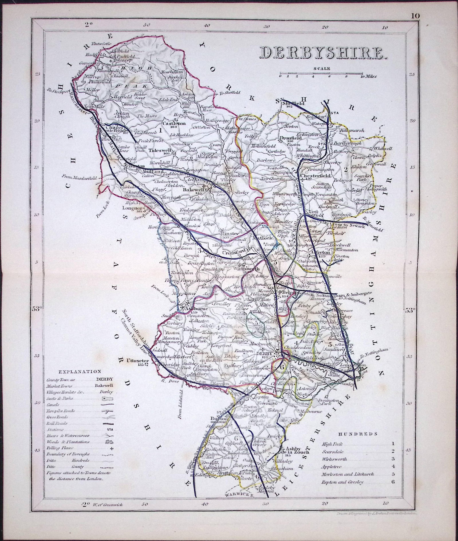 Derbyshire -Dugdale & Archer Antique 180 Years-Old Steel Engraved Map-4: Title: Derbyshire -Dugdale & Archer Antique 180 Years-Old Steel Engraved Map-4 Description: This Antique Coloured Engraved Map Has Been Removed from an Antique Edition of. Thomas Dugdale