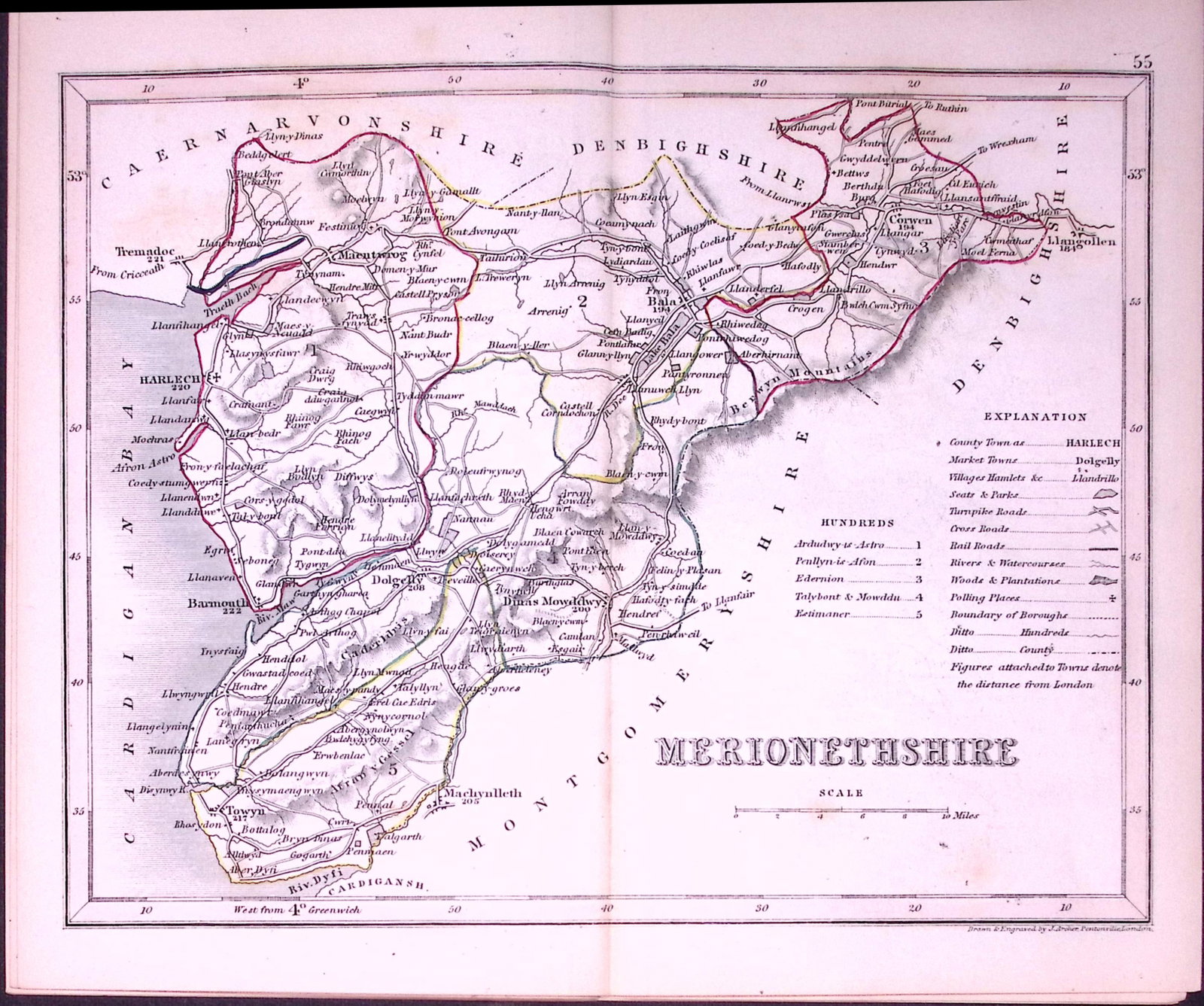 Merionethshire Wales-Dugdale & Archer Antique 180 Years-Old Steel Engraved Map-54 (1 of 1)