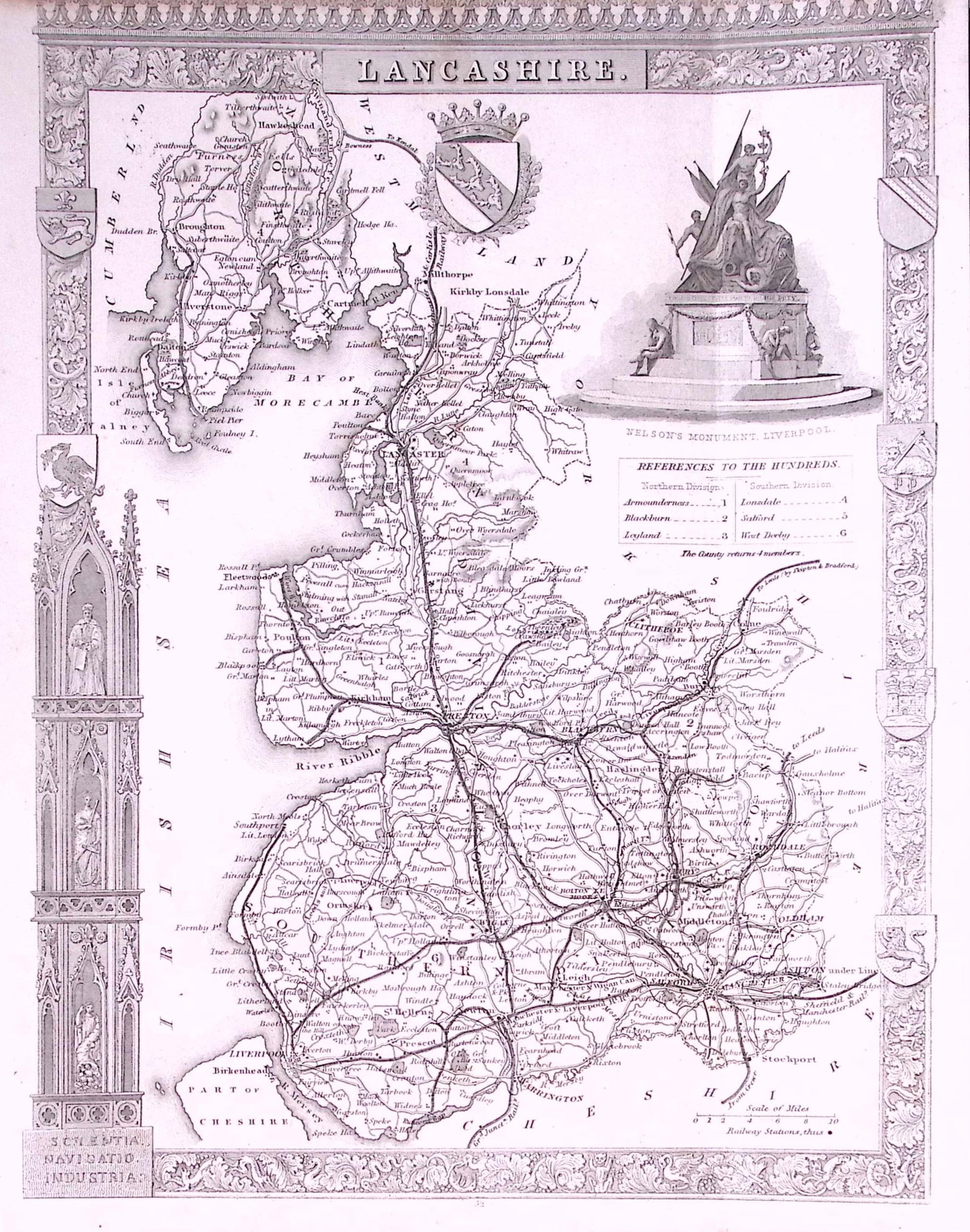 County Lancashire Detailed 178 years-Old Antique Steel Engraving Map-15-TR (1 of 2)