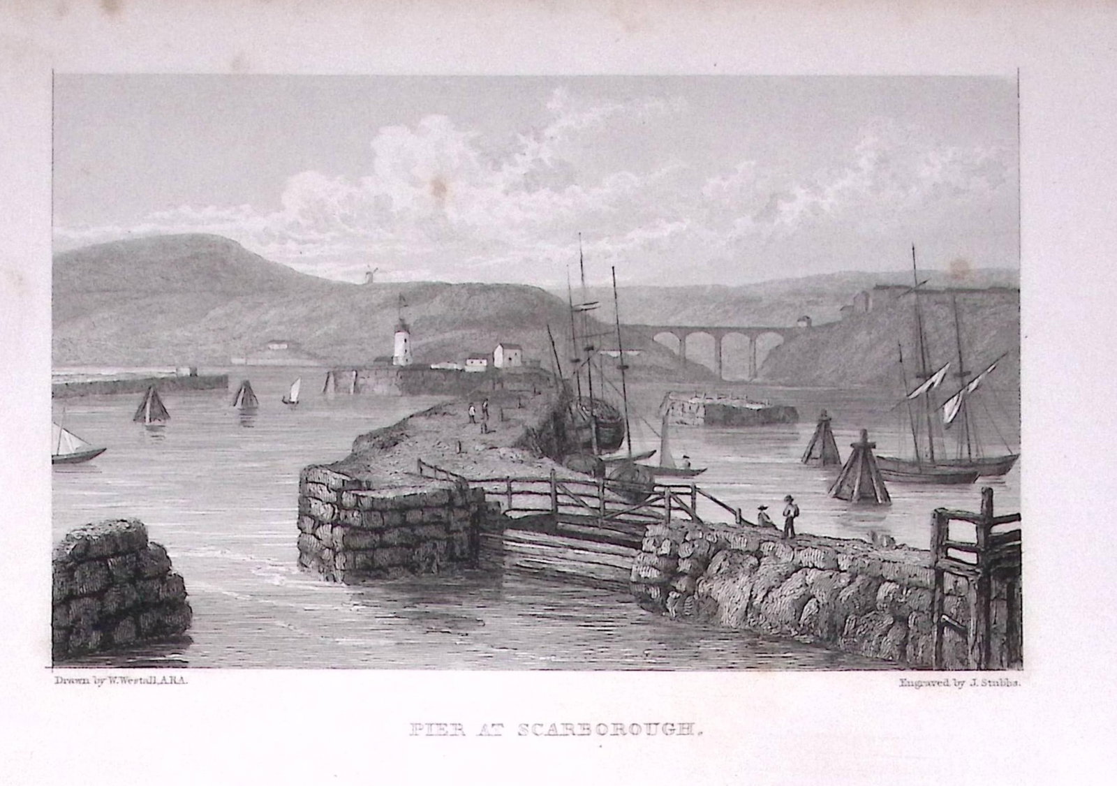 Scarborough Pier Yorkshire 196 Years-Old Antique Steel Engraving-56-TR: Title: Scarborough Pier Yorkshire 196 Years-Old Antique Steel Engraving-56-TR Description: This Steel Engraved Print Has Been Removed from an Antique Edition of. Great Britain Illustrated by William