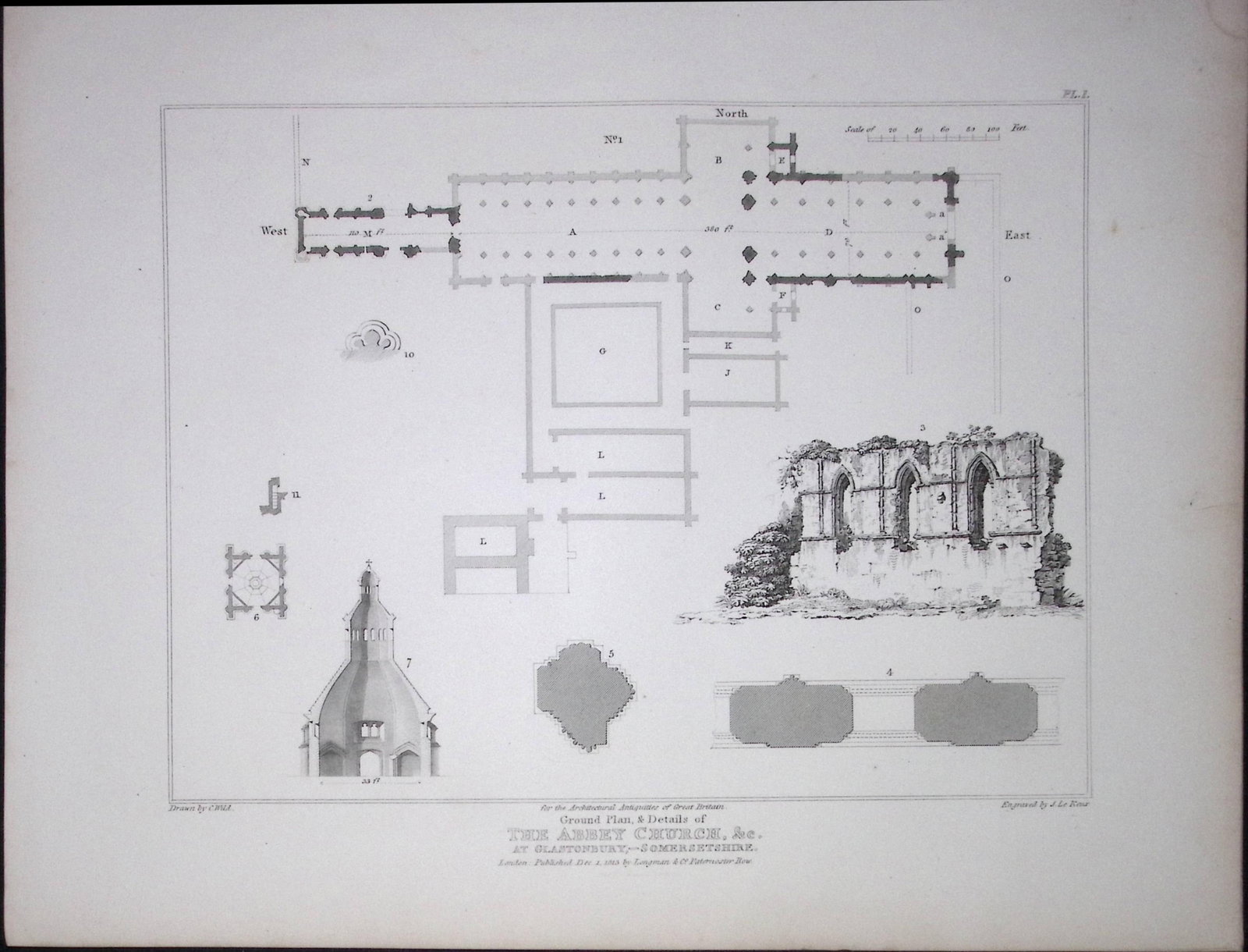 Glastonbury Abbey 190 Years-Old Rare John Britton Antique Steel Engraving-130: Title: Glastonbury Abbey 190 Years-Old Rare John Britton Antique Steel Engraving-130 Description: This 191 Years-Old Steel Gilt-Edged Engraved Plate Has Been Removed from an Antique Edition of.