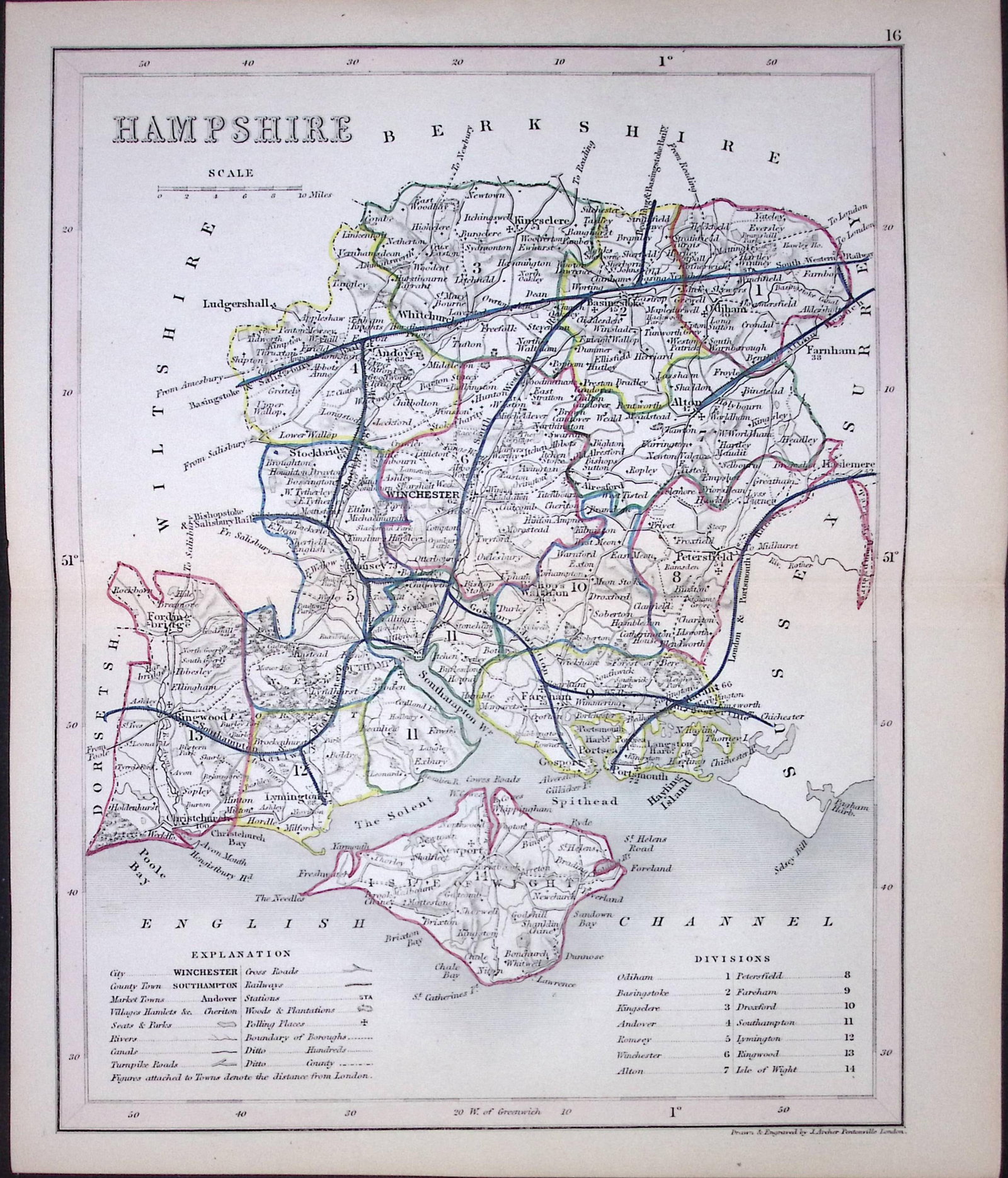 Hampshire-Dugdale & Archer Antique 180 Years-Old Steel Engraved Map-37: Title: Hampshire-Dugdale & Archer Antique 180 Years-Old Steel Engraved Map-37 Description: This Antique Coloured Engraved Map Has Been Removed from an Antique Edition of. Thomas Dugdale