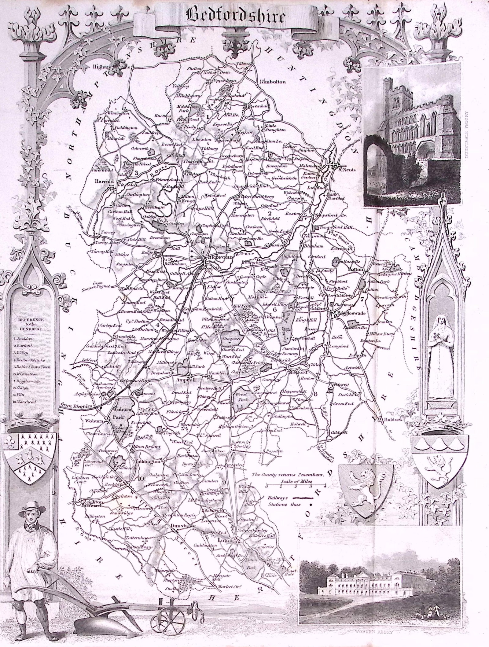 County Bedfordshire Detailed 178 years-Old Antique Steel Engraving Map-5-TR (1 of 2)