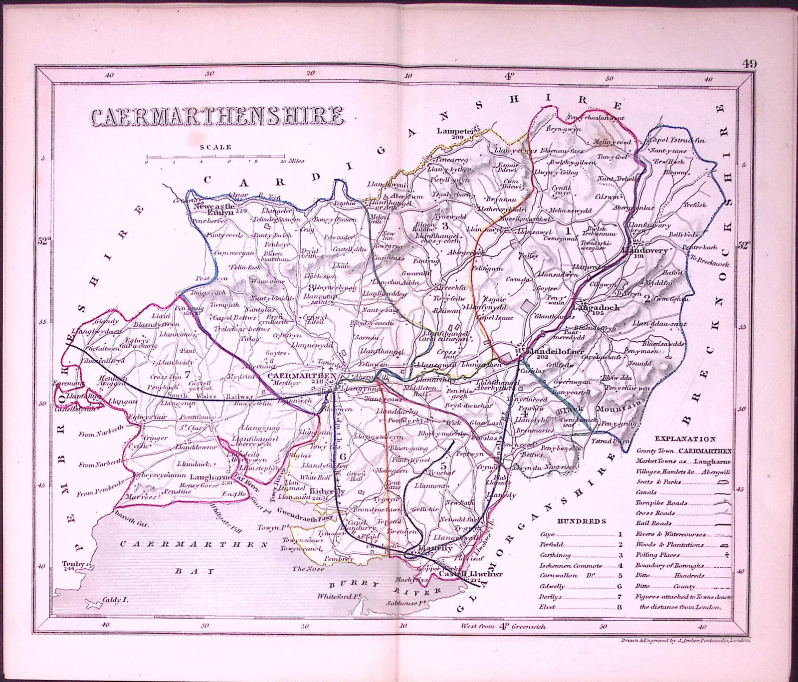 Carmarthen Wales-Dugdale & Archer Antique 180 Years-Old Steel Engraved Map-47 (1 of 1)