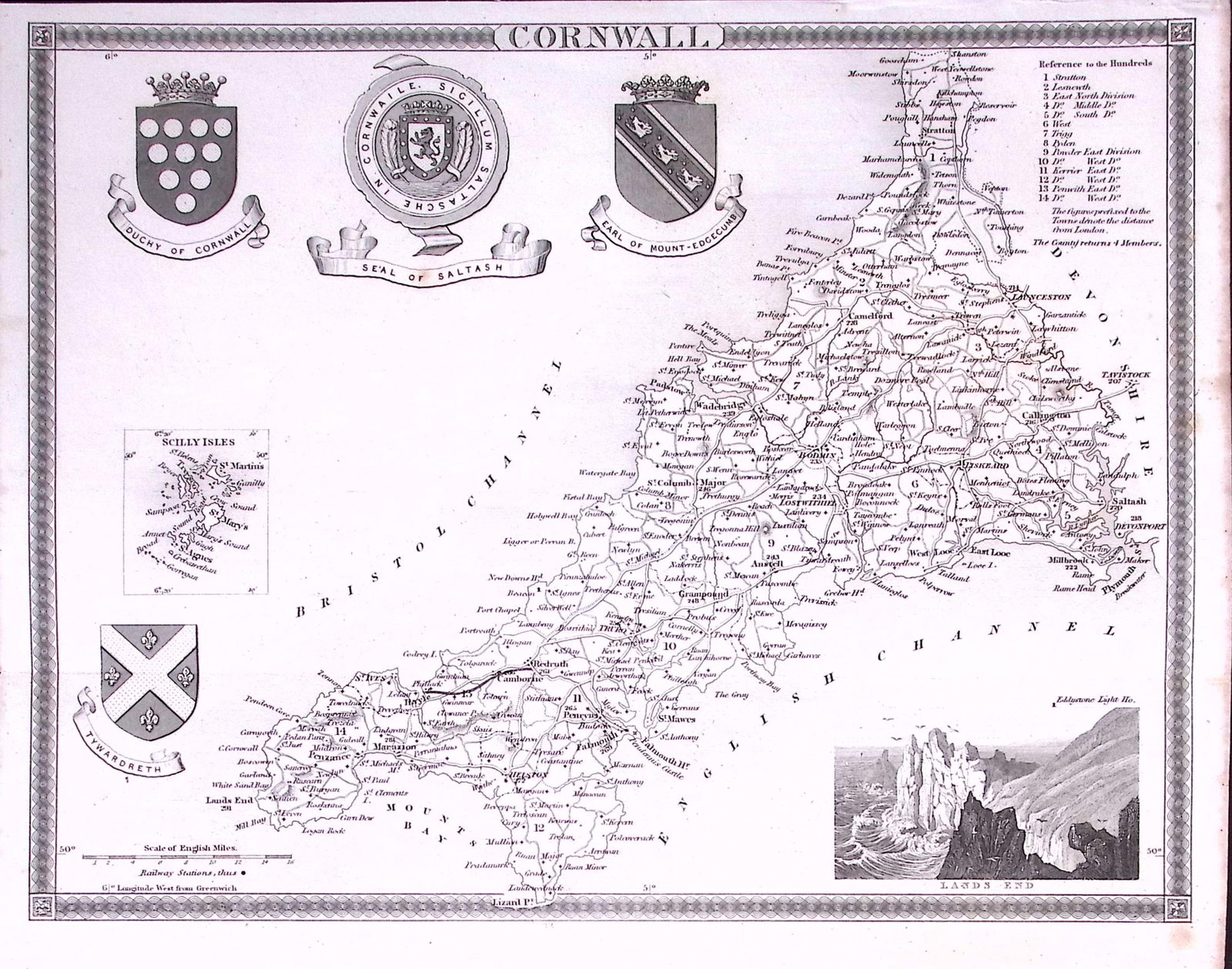 County Cornwall Detailed 178 years-Old Antique Steel Engraving Map-2 (1 of 2)