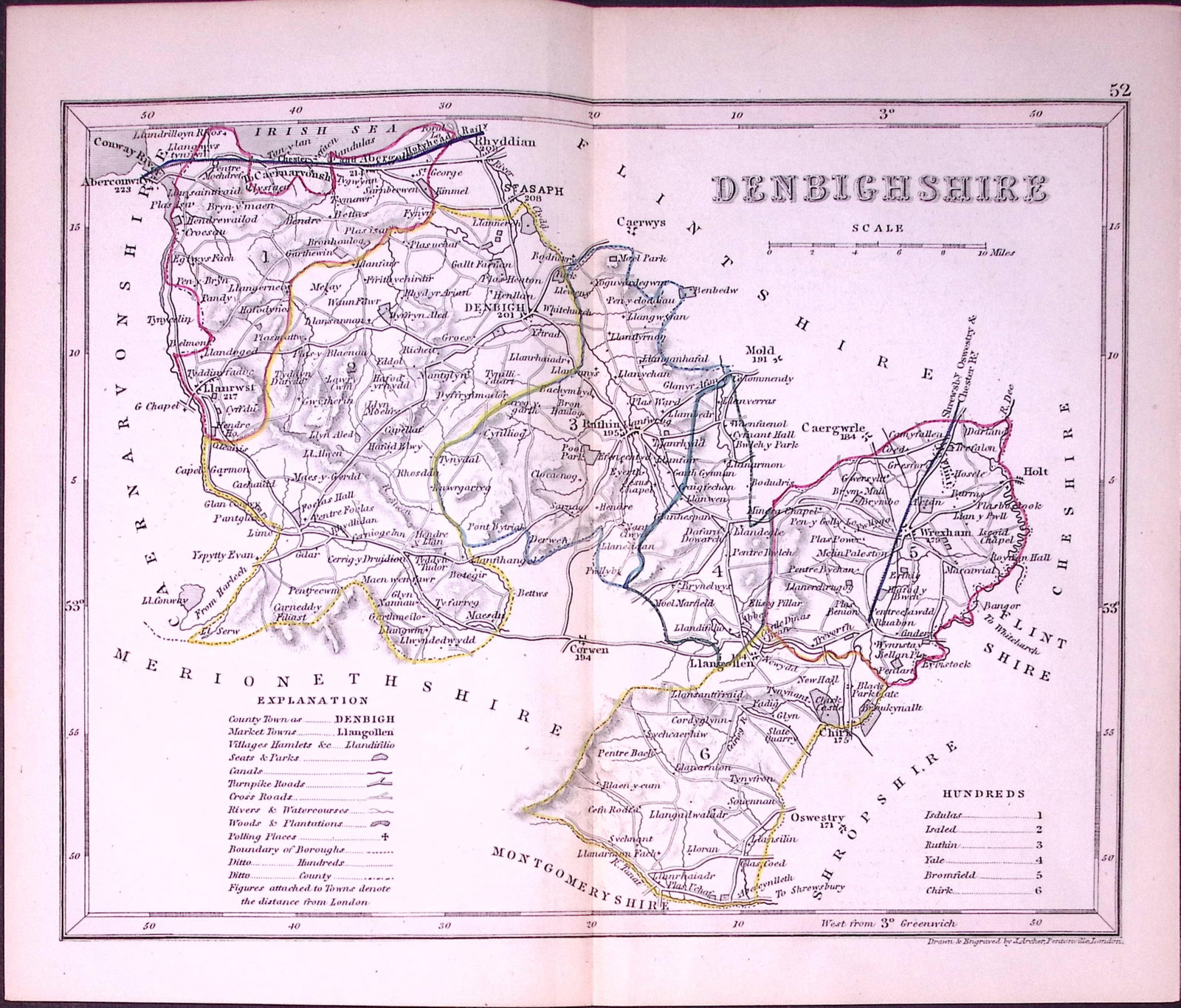 Denbighshire Wales-Dugdale & Archer Antique 180 Years-Old Steel Engraved Map-48: Title: Denbighshire Wales-Dugdale & Archer Antique 180 Years-Old Steel Engraved Map-48 Description: This Antique Coloured Engraved Map Has Been Removed from an Antique Edition of. Thomas Du