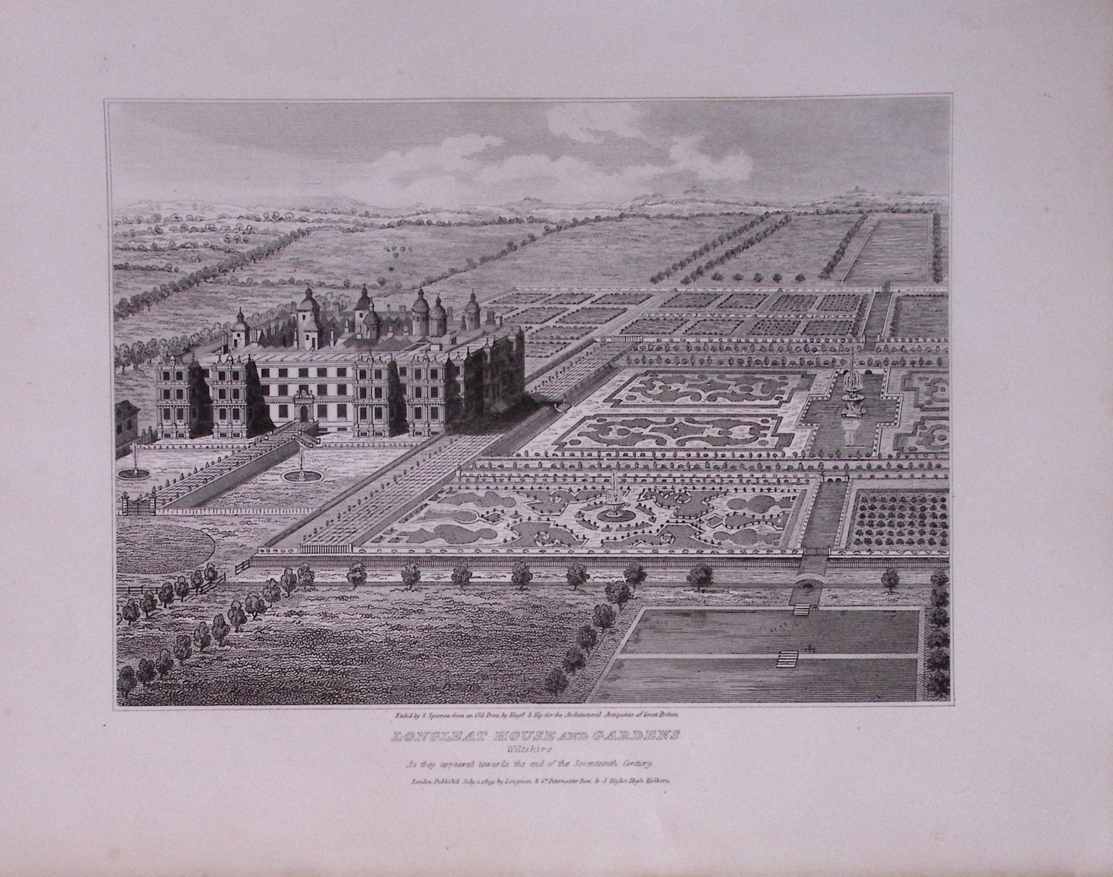 Longleat Gardens Wiltshire 190 Years-Old John Britton Antique Steel Engraving-213 (1 of 1)