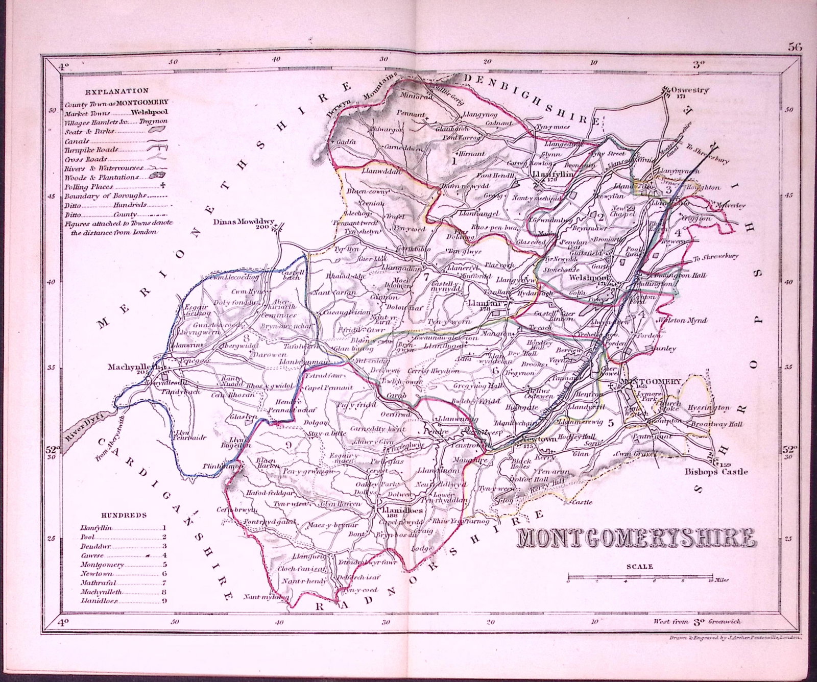 Montgomeryshire Wales-Dugdale & Archer Antique 180 Years-Old Steel Engraved Map-53: Title: Montgomeryshire Wales-Dugdale & Archer Antique 180 Years-Old Steel Engraved Map-53 Description: This Antique Coloured Engraved Map Has Been Removed from an Antique Edition of. Thomas