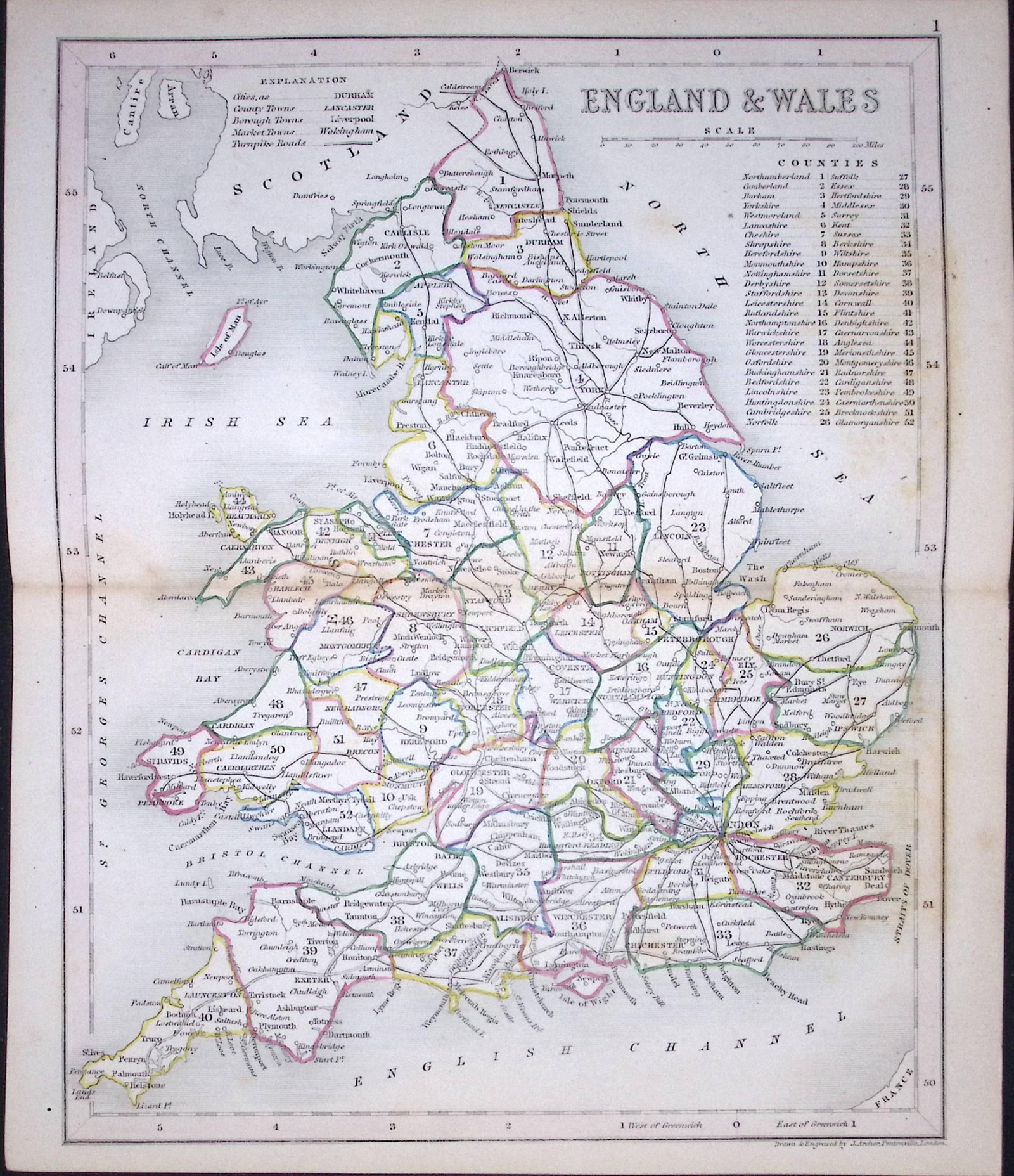 England & Wales-Dugdale & Archer Antique 180 Years-Old Steel Engraved Map-32 (1 of 1)