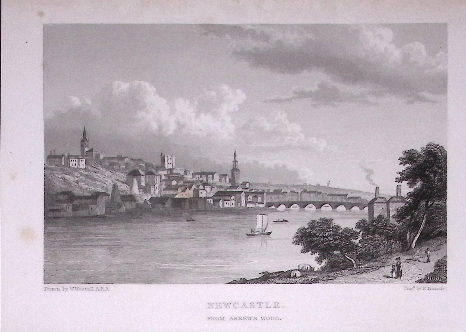 View of Newcastle From Askew Wood 196 Years-Old Antique Steel Engraving-59-TR: Title: View of Newcastle From Askew Wood 196 Years-Old Antique Steel Engraving-59-TR Description: This Steel Engraved Print Has Been Removed from an Antique Edition of. Great Britain Illustrated by