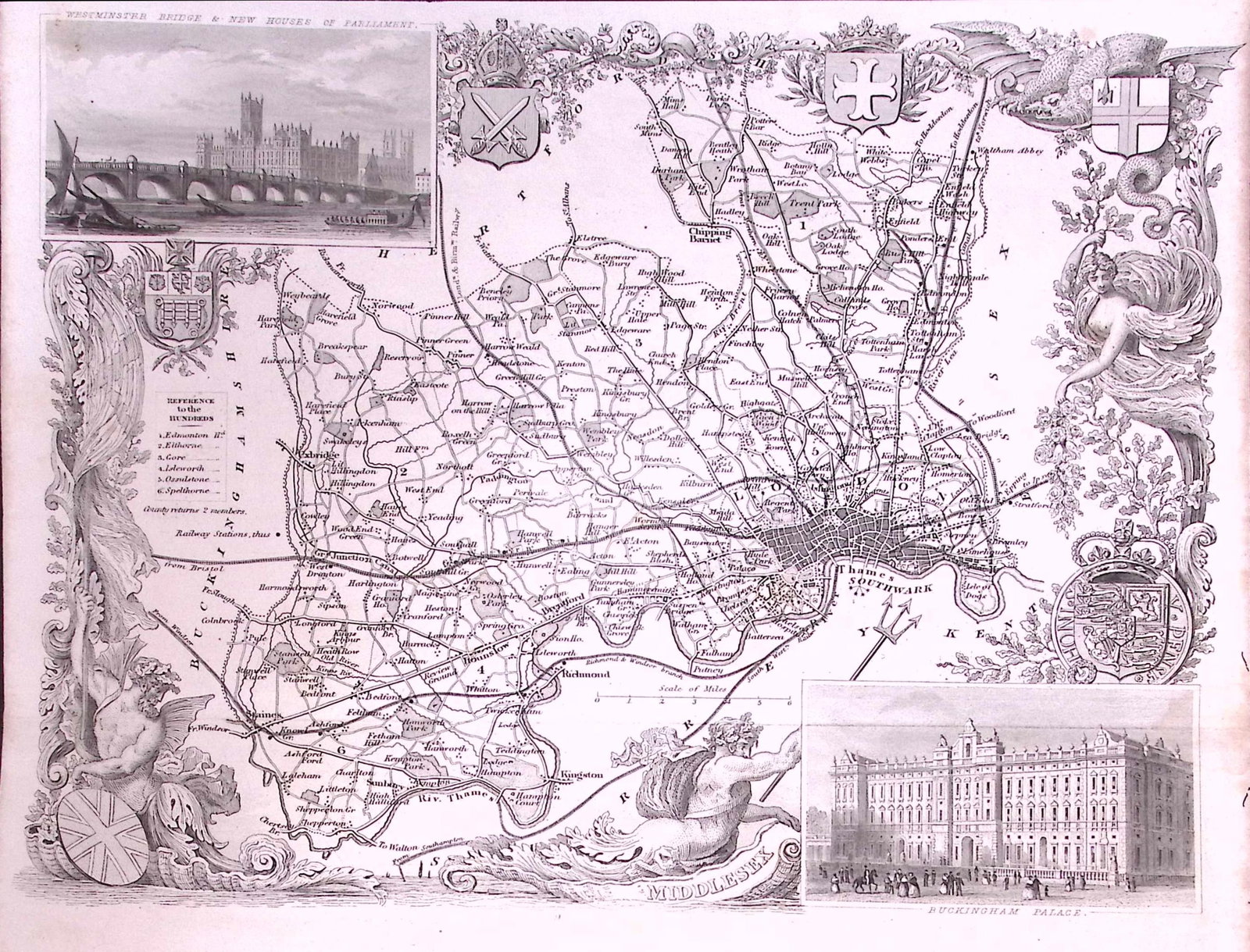 County London & Middlesex Detailed 178 years-Old Antique Steel Engraving Map-18-TR (1 of 2)