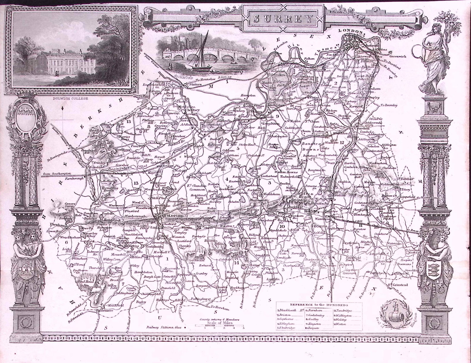 County Surrey Detailed 178 years-Old Antique Steel Engraving Map-22-TR (1 of 2)