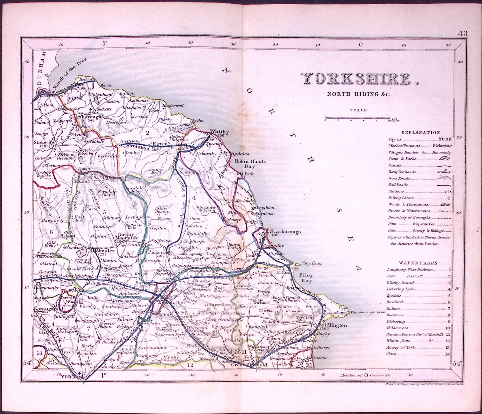 Yorkshire North Riding-Antique 180 Years-Old Steel Engraved Map-40: Title: Yorkshire North Riding-Antique 180 Years-Old Steel Engraved Map-40 Description: This Antique Coloured Engraved Map Has Been Removed from an Antique Edition of. Thomas Dugdale Curiosities of