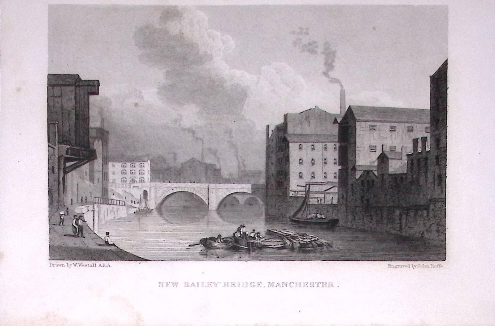 New Bailey Bridge Manchester 196 Years-Old Antique Steel Engraving-58-TR (1 of 2)