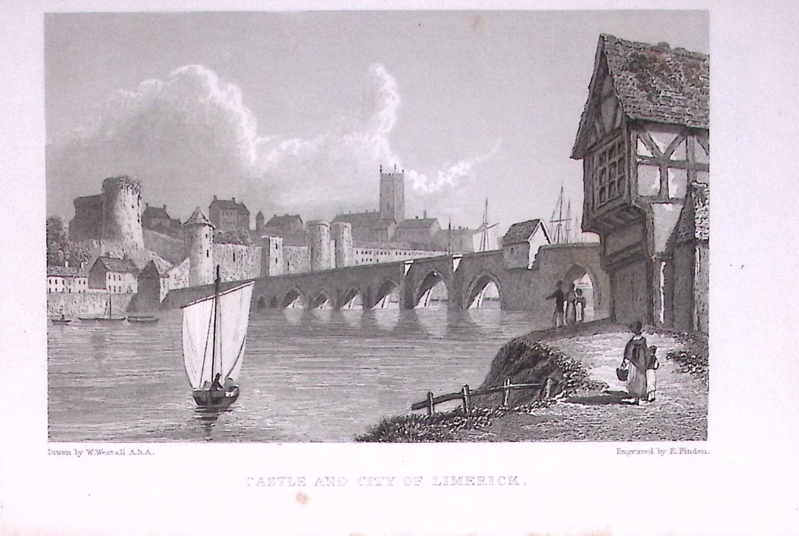 Limerick Castle & City Ireland 196 Years-Old Antique Steel Engraving-32-TR (1 of 2)