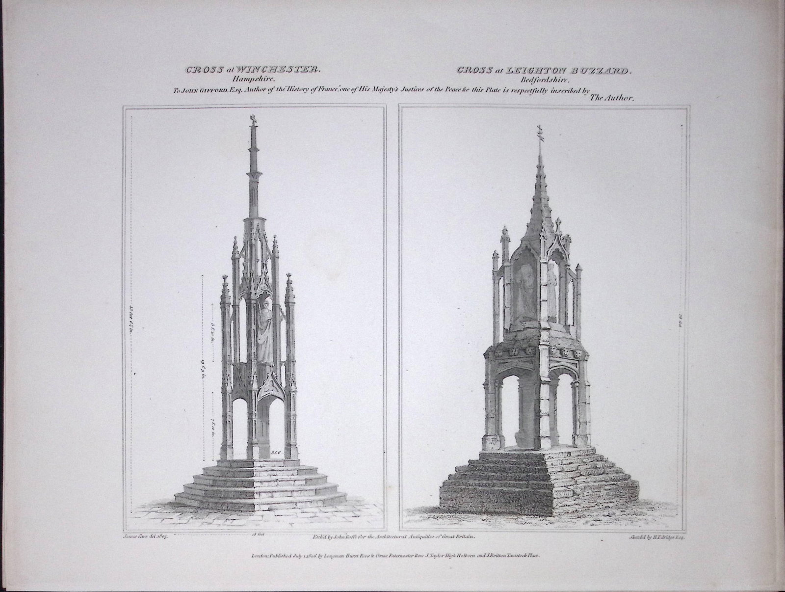 The Cross at Winchester & Leighton Buzzard Rare John Britton Antique Steel Engraving-35 (1 of 2)