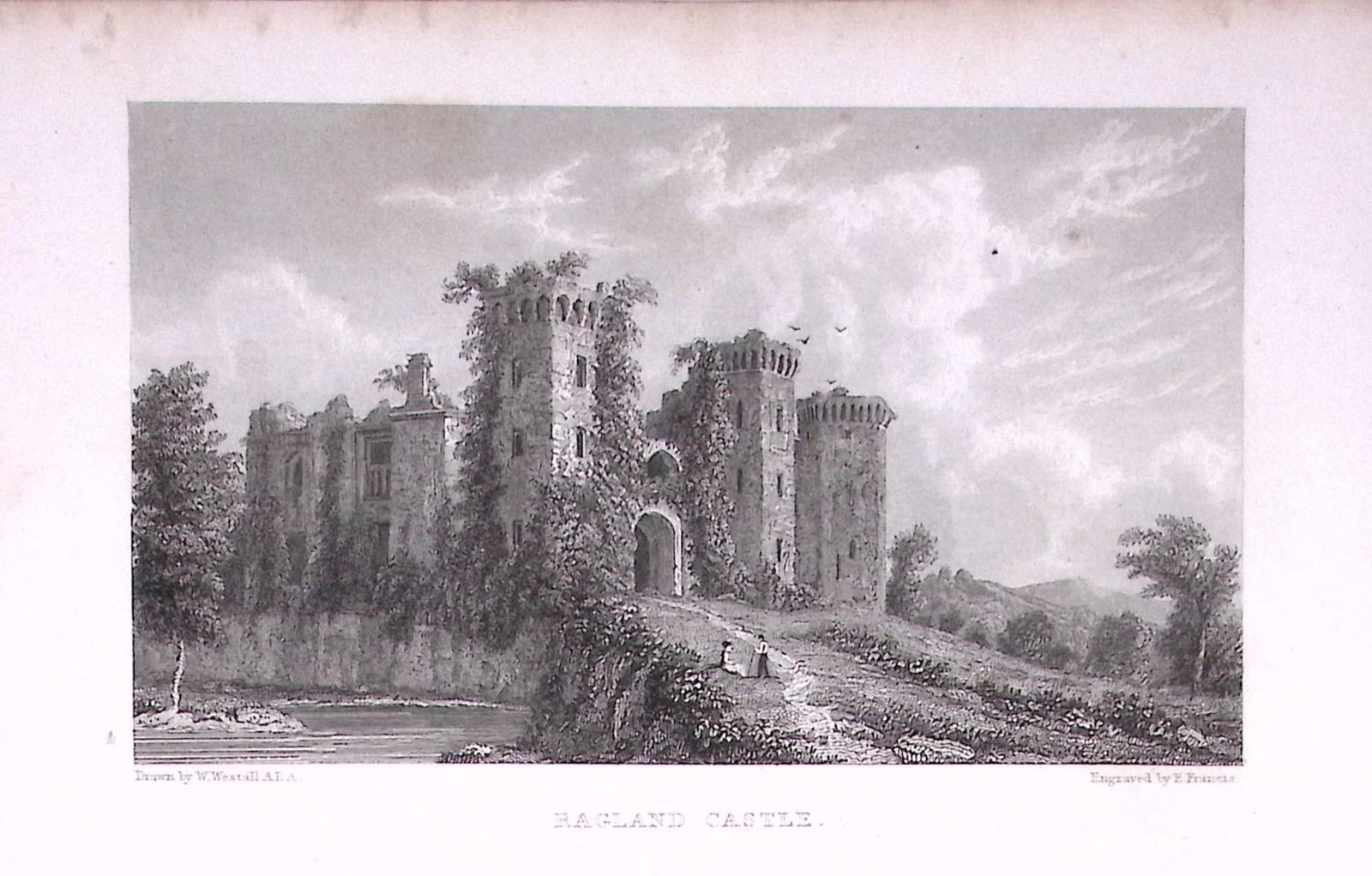 Ragland Castle Wales 196 Years-Old Antique Steel Engraving-16-TR (1 of 2)