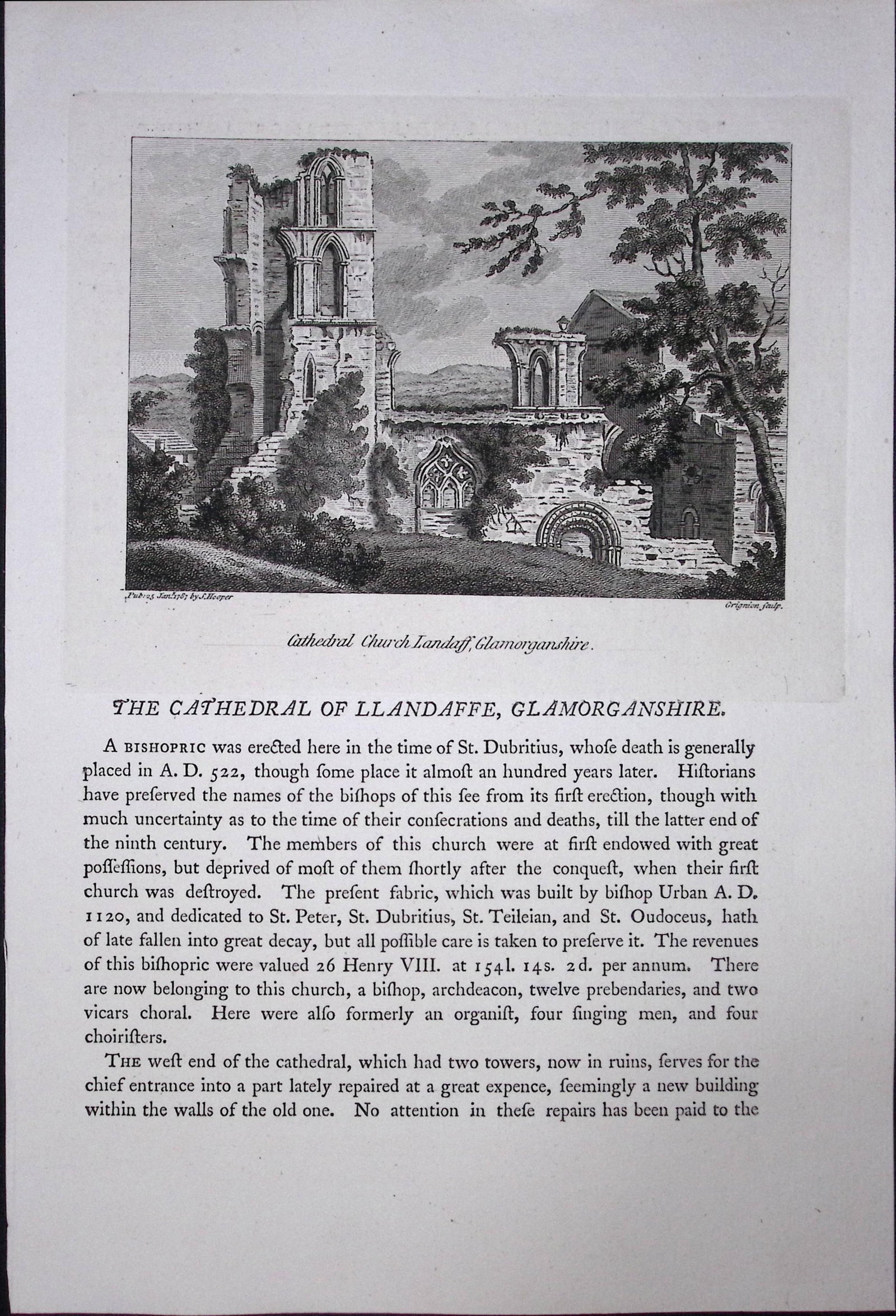 Wales Llandaffe Cathedral Glamorganshire F. Grose Antique Copper Engraving-71-TR: Title: Wales Llandaffe Cathedral Glamorganshire F. Grose Antique Copper Engraving-71-TR Description: This Antique Book Plate Was Removed from Francis Grose's Antiquities of England &Wales
