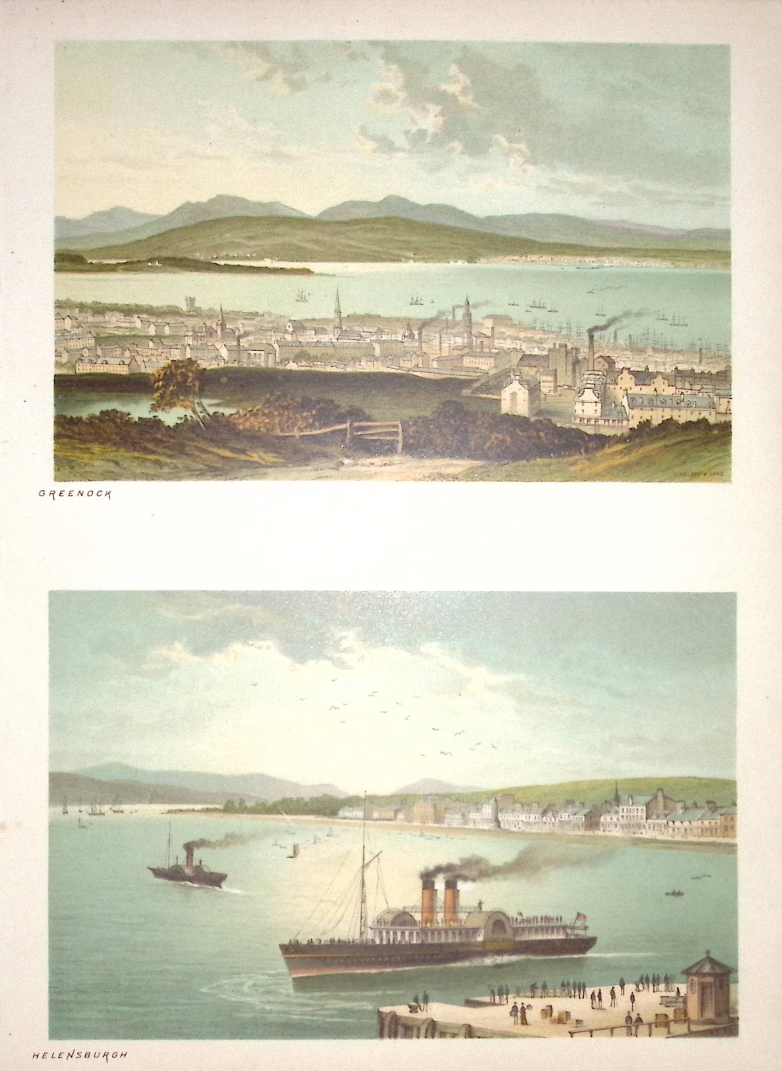 Scotland Views of Greenock & Helensburgh Antique Coloured Print-14a: Title: Scotland Views of Greenock & Helensburgh Antique Coloured Print-14a Description: This Antique Illustration Has Been Removed from an First Edition of. Souvenir Of Scotland. Cities,