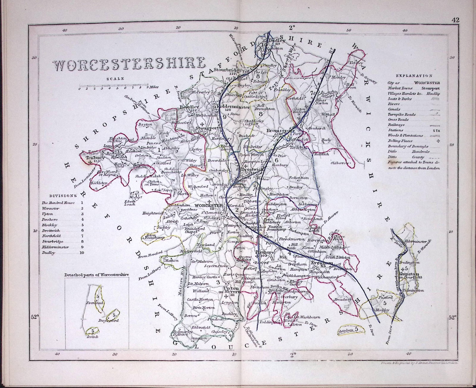 Worcestershire-Dugdale & Archer Antique 180 Years-Old Steel Engraved Map-9 (1 of 1)