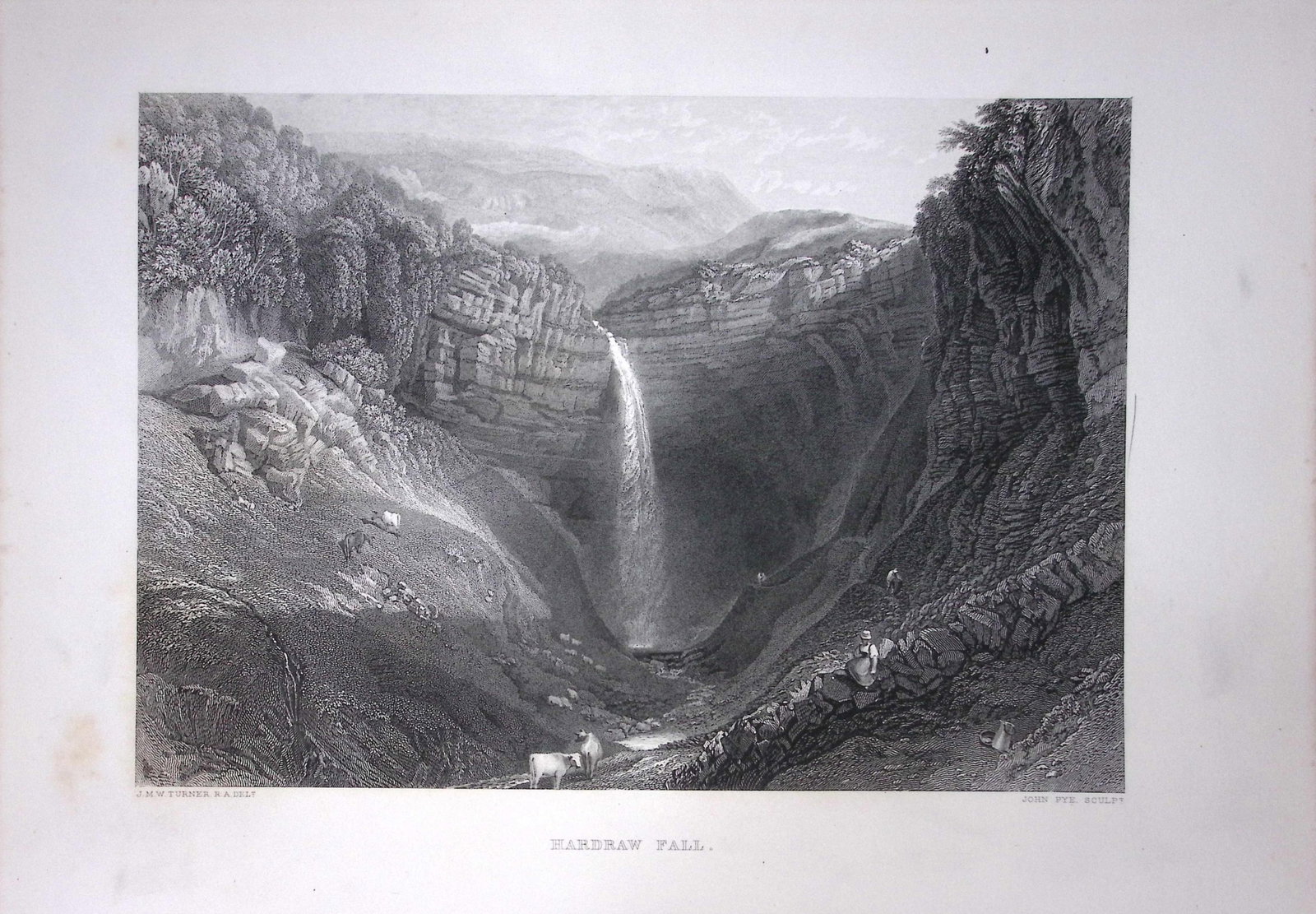 J.M.W Turner Hardraw Fall Yorkshire National Park Antique Steel Engraving-109-TR: Title: J.M.W Turner Hardraw Fall Yorkshire National Park Antique Steel Engraving-109-TR Description: This Antique Steel-Engraving Was Removed from a Edition Of. The Turner Gallery a